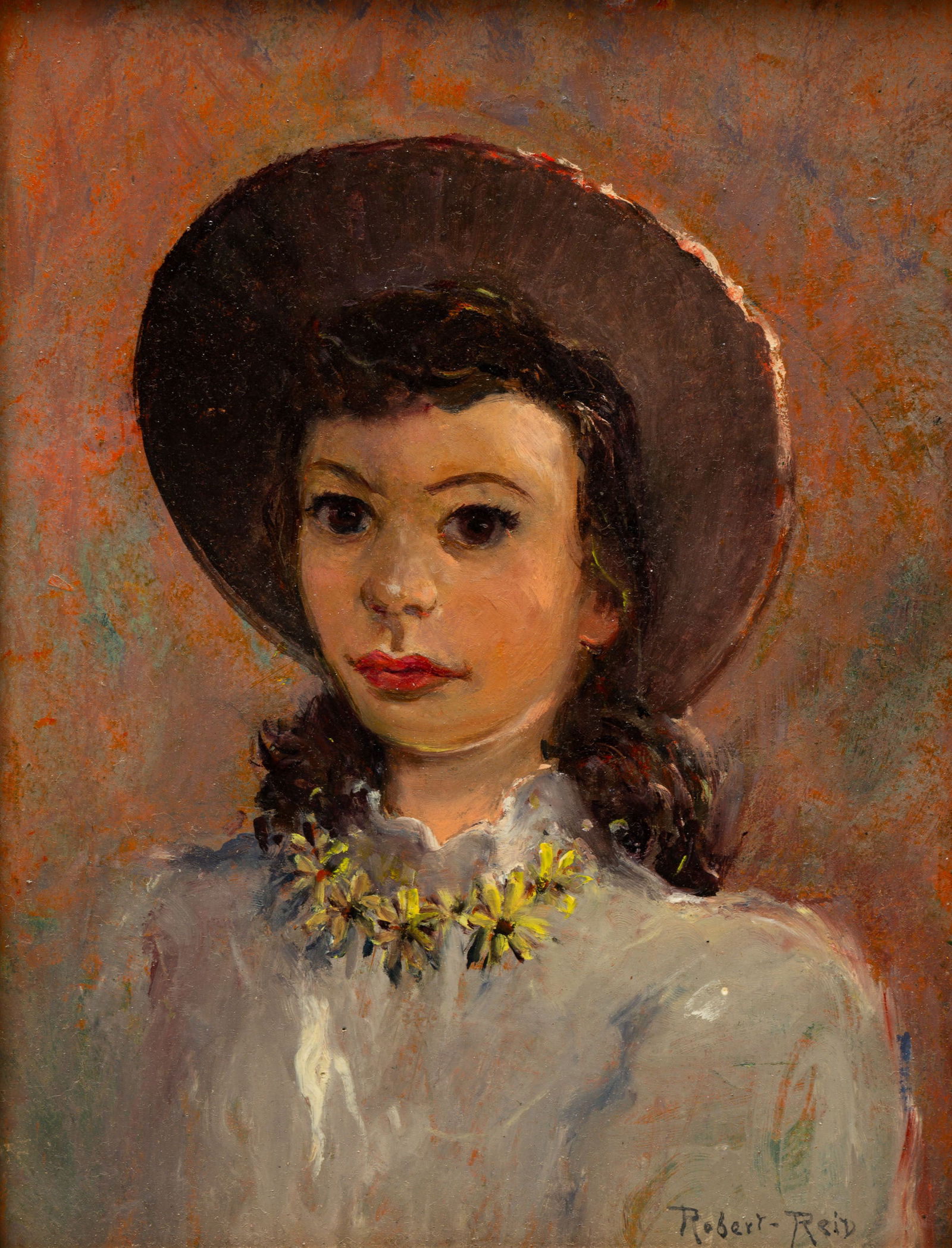 IN THE MANNER OF ROBERT LEWIS REID "PORTRAIT OF A YOUNG LADY".: American, late 19th or early 20th Century. Oil on board in a later frame. Bust-length portrait of a young lady wearing a hat and flower necklace. 17.5"h. 14.5"w. with frame.