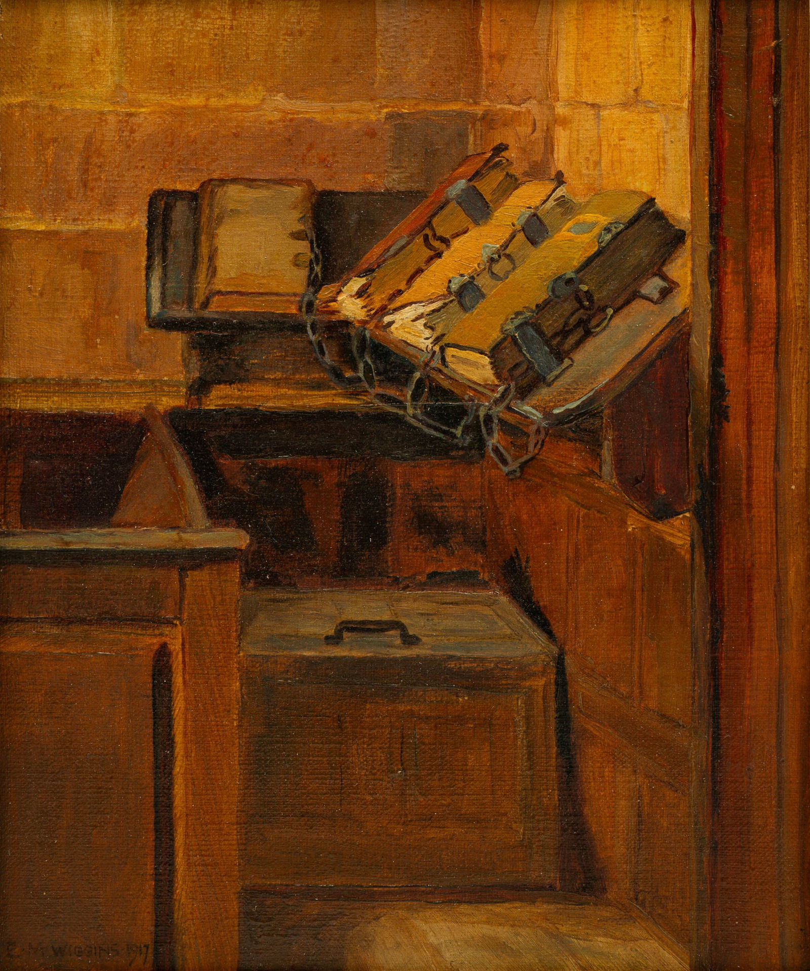 "CHAINED BOOKS" SIGNED "E.M. WIGGINS" (FIRST HALF 20TH CENTURY). (1 of 5)