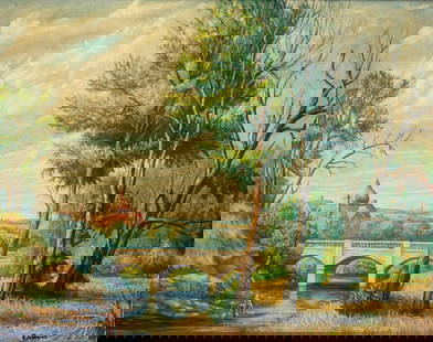 LOUIS MICHEL EILSHEMIUS (1864-1941) "LANDSCAPE".: American, late 19th or early 20th Century. Oil on artist's board in a wood frame. View of two bathers in a river with a bridge and buildings in the distance. Signed on lower right. 21.5"h. 25.5"w. wit