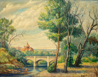 LOUIS MICHEL EILSHEMIUS (1864-1941) "LANDSCAPE".: American, late 19th or early 20th Century. Oil on artist's board in a wood frame. View of two bathers in a river with a bridge and buildings in the distance. Signed on lower right. 21.5"h. 25.5"w. wit