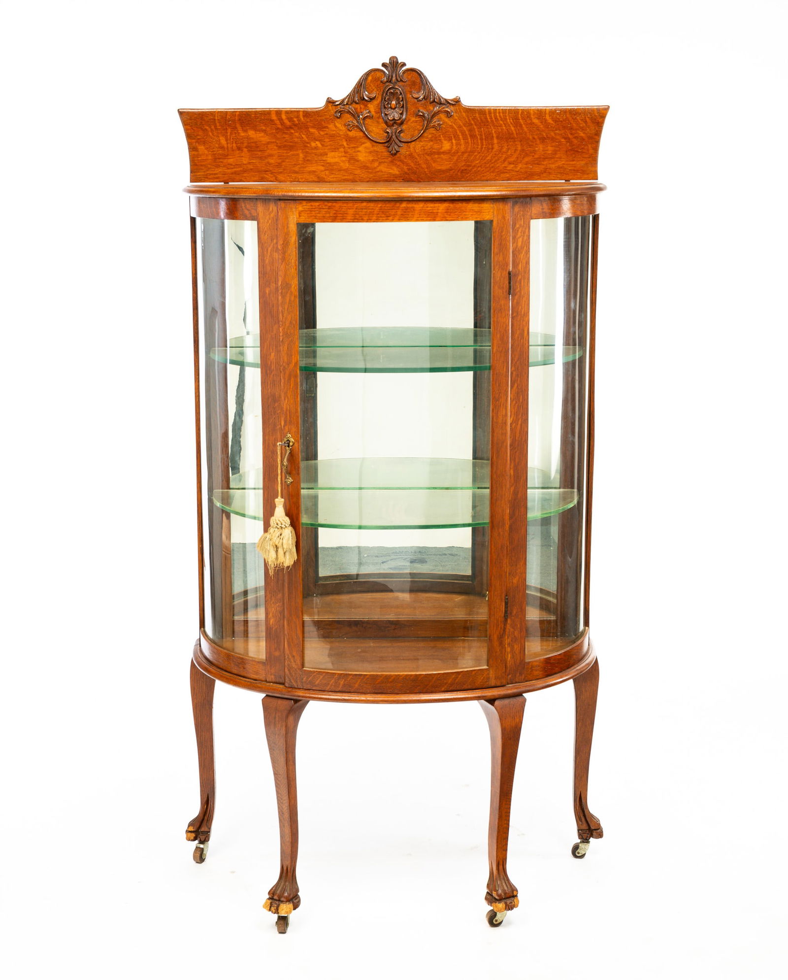SMALL CURVED GLASS OAK CHINA CABINET. (1 of 7)