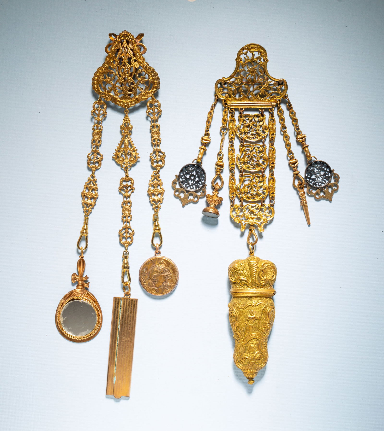 TWO VICTORIAN PINCHBECK CHATELAINES. (1 of 6)