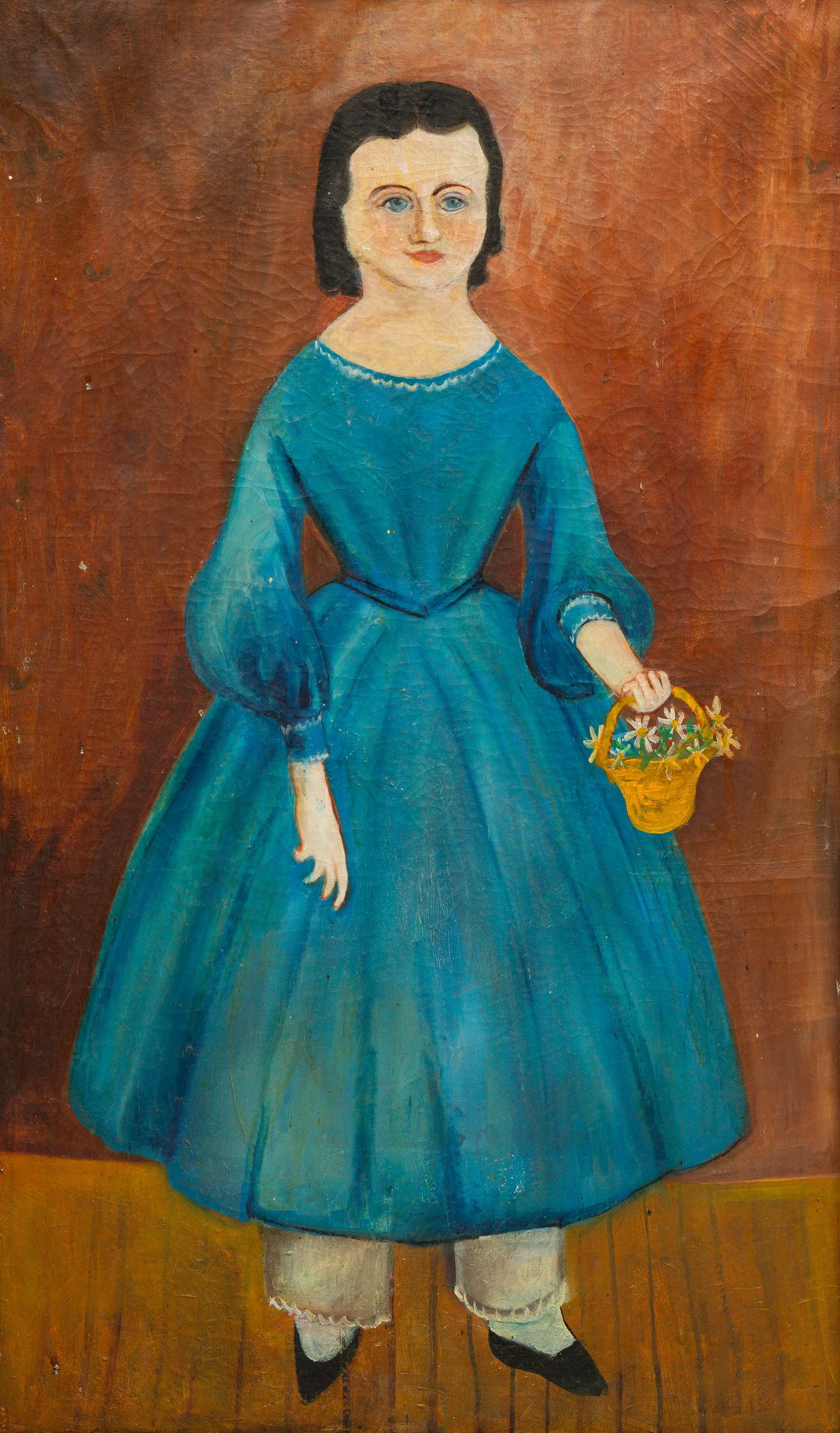 PRIMITIVE FULL-LENGTH PORTRAIT OF A YOUNG GIRL.: American, mid 19th Century. Oil on canvas. She wears a blue chess and carries a basket of flowers. Crazing and restoration. 30"h. 18"w. Framed 32.5"h. 21.5"w. From the collection of the late Audrey Ca
