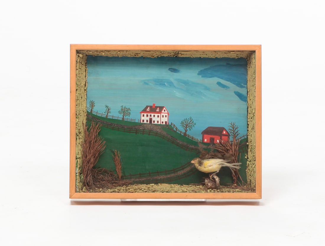 SHADOW BOX FRAME WITH FARM AND BIRD. (1 of 4)