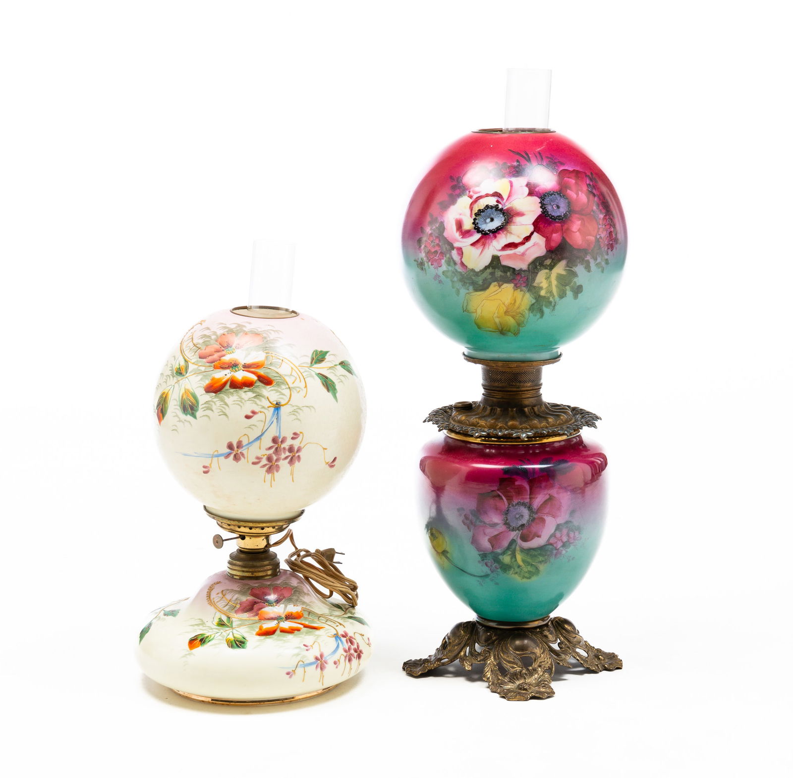 TWO VICTORIAN FLORAL ENAMEL GONE WITH THE WIND PARLOR LAMPS. (1 of 13)