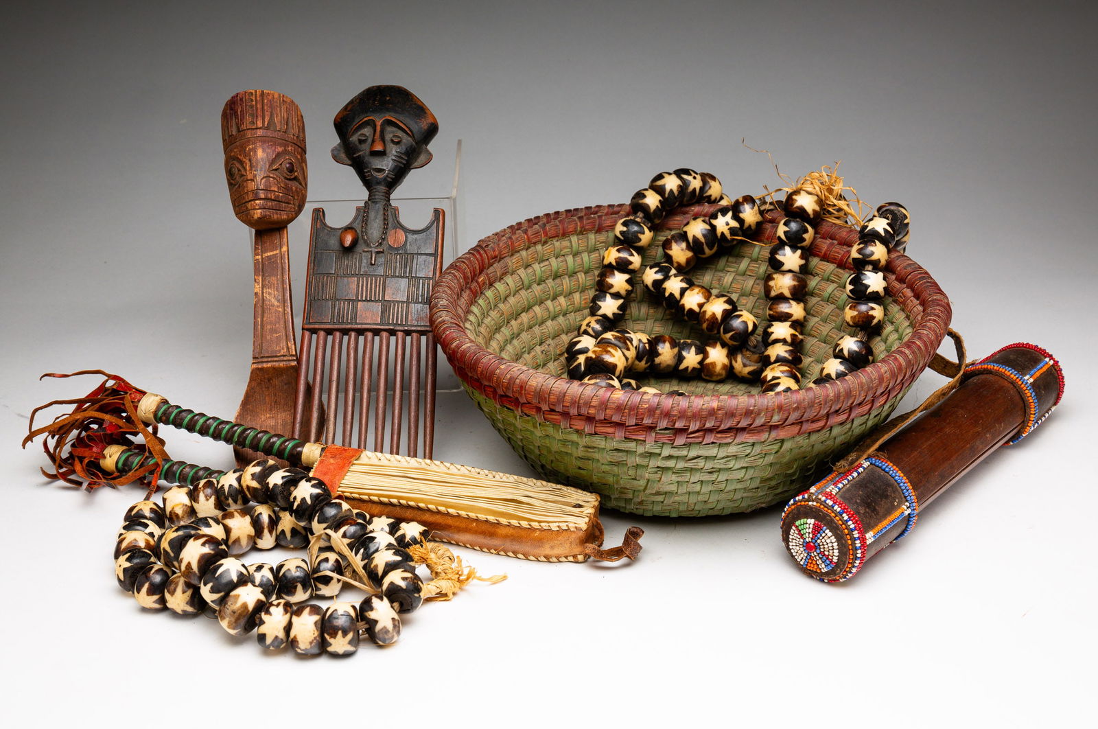 GROUP OF TRIBAL ITEMS AND PAINTED BASKET. (1 of 4)