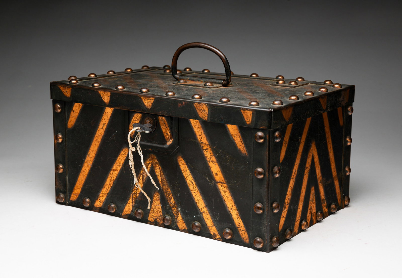 COPPER STRONG BOX.: American, late 19th-early 20th century. Made by the "Erie Art Metal Company, No. 71, Erie PA". Green painted decoration. 6"h. 12"w. 8"d.