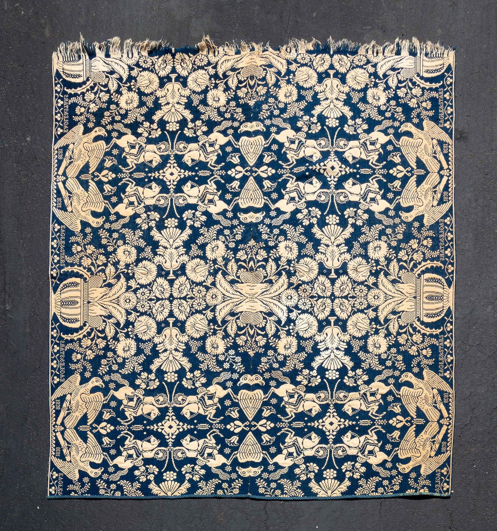 UNUSUAL BLUE AND WHITE OVERSHOT COVERLET. (1 of 6)