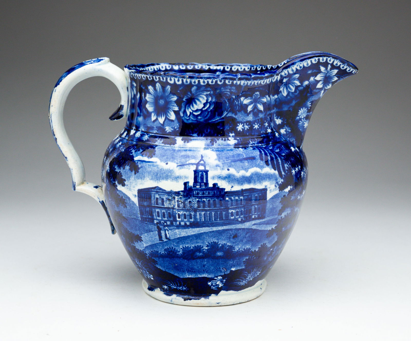 HISTORICAL STAFFORDSHIRE AMERICAN VIEW OF NEW YORK BLUE TRANSFER PITCHER. (1 of 6)