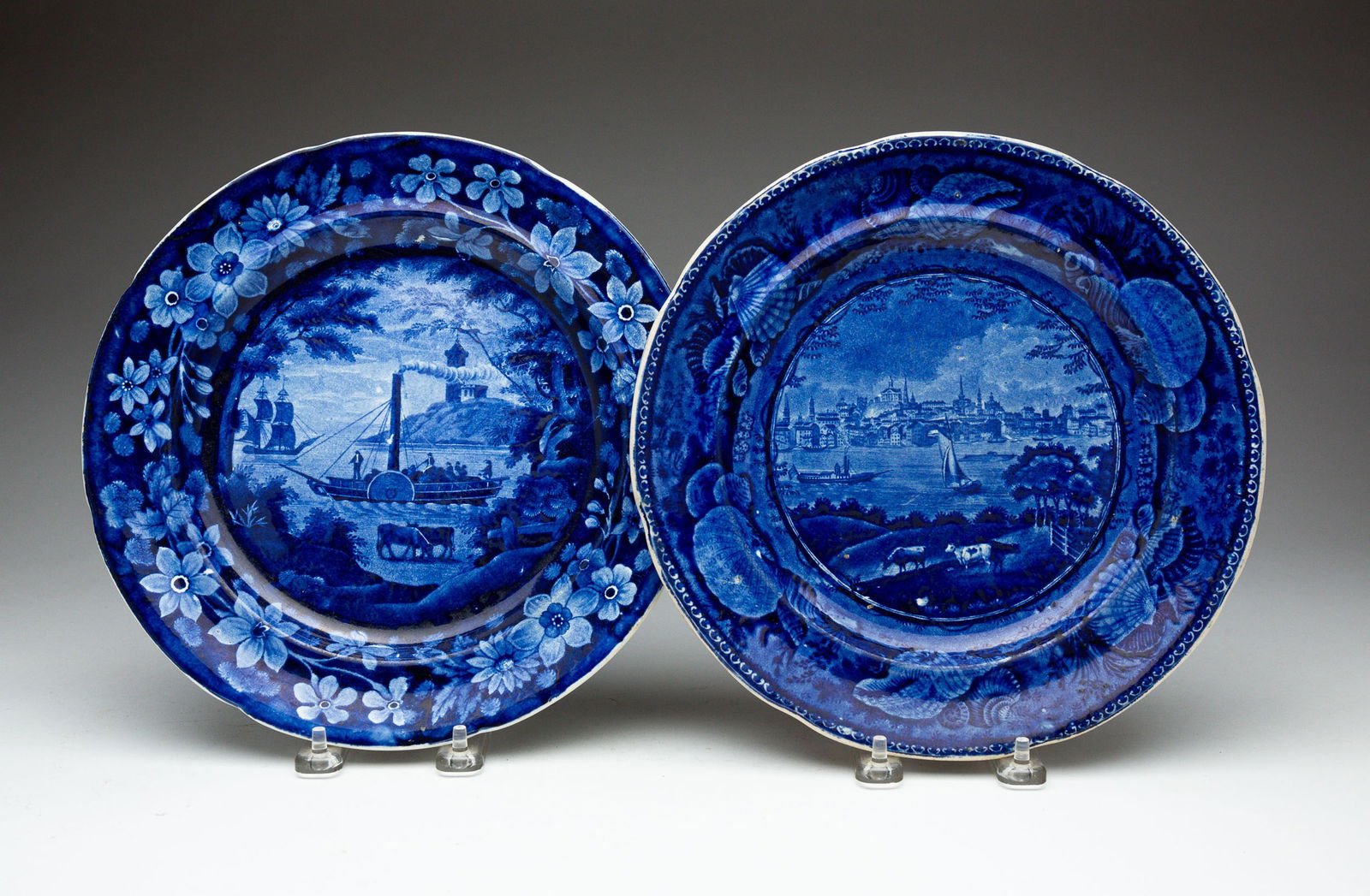 TWO HISTORICAL STAFFORDSHIRE AMERICAN VIEW OF ALBANY BLUE TRANSFER PLATES. (1 of 5)