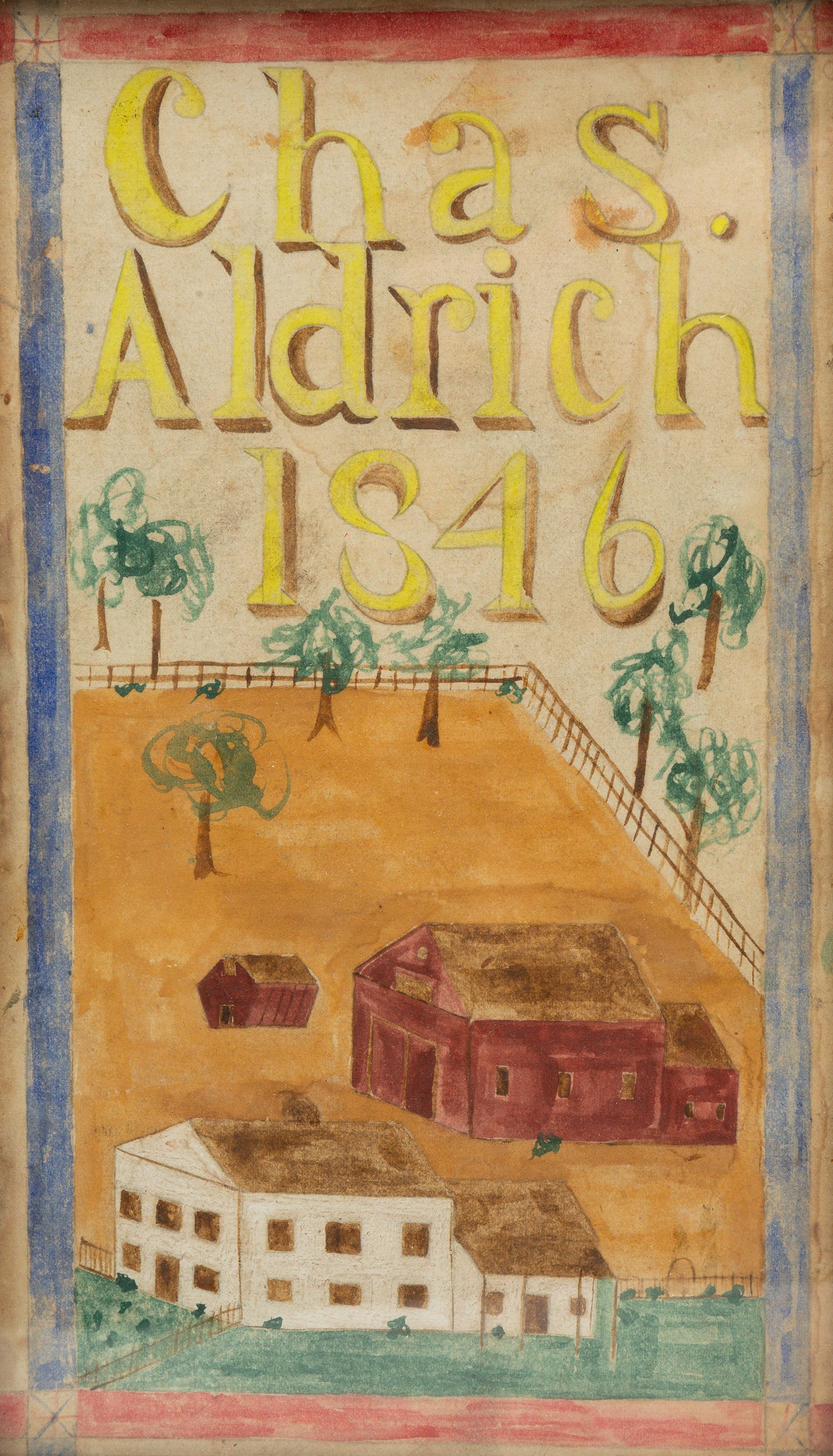 PRIMITIVE WATERCOLOR FARM SCENE. (1 of 3)