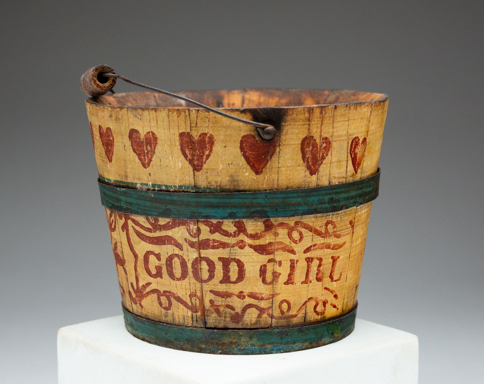 MINIATURE PAINT-DECORATED "GOOD GIRL" BUCKET (PAIL). (1 of 5)