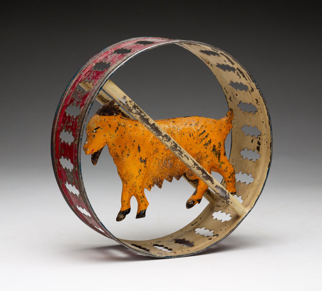 SCARCE AMERICAN PAINTED TIN ROLLING HOOP TOY OF GOAT ATTRIBUTED TO HULL & STAFFORD. (1 of 3)
