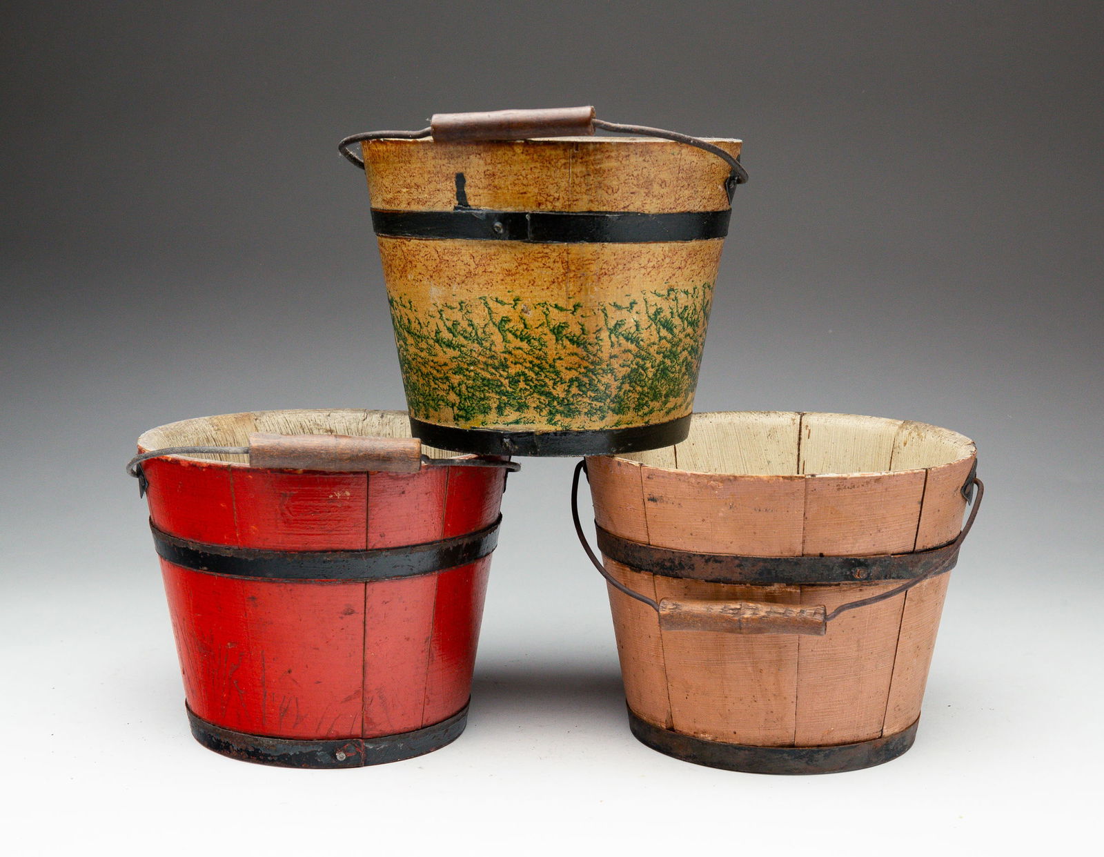 THREE PAINT-DECORATED CHILD'S BUCKETS (PAILS) ONE WITH FINE SPONGE-DECORATION. (1 of 3)
