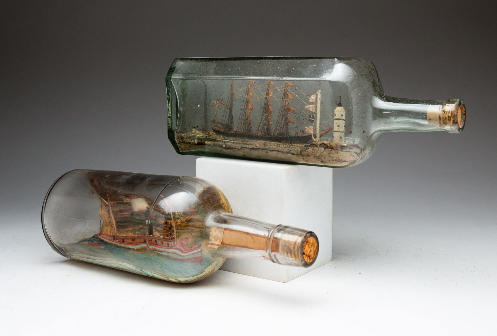 TWO FOLK ART SHIPS IN BOTTLE WHIMSEYS. (1 of 8)