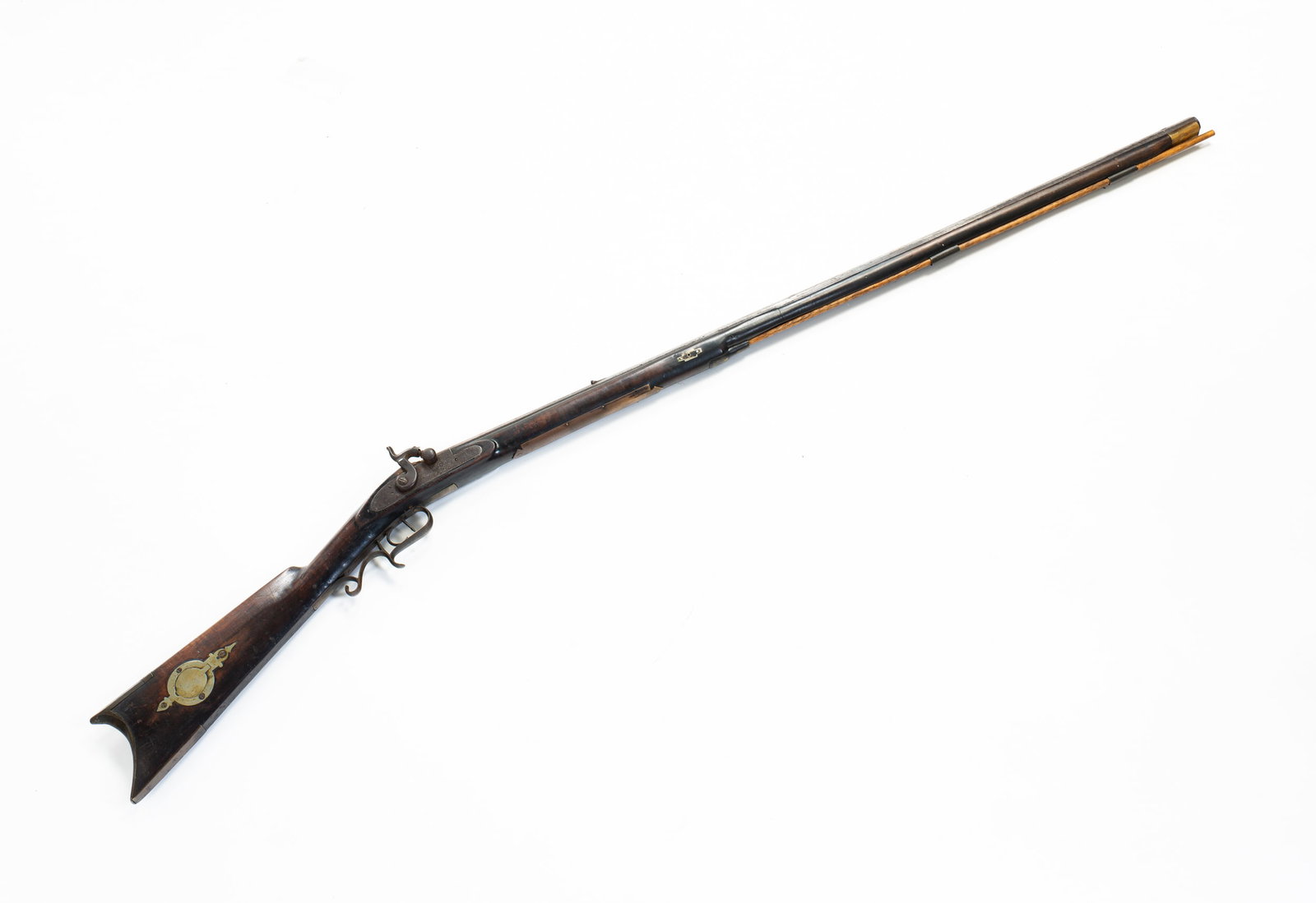 FULL STOCK RIFLE ATTRIBUTED TO JOSHUA STACKHOUSE.: American (Powhatan Point, Belmont County, Ohio), mid 19th Century. Silver inlays, patch box, brass butt plate, trigger guard and forestock hand rest. Professional restoration. 55"l. Ex. Jack Adamson, 