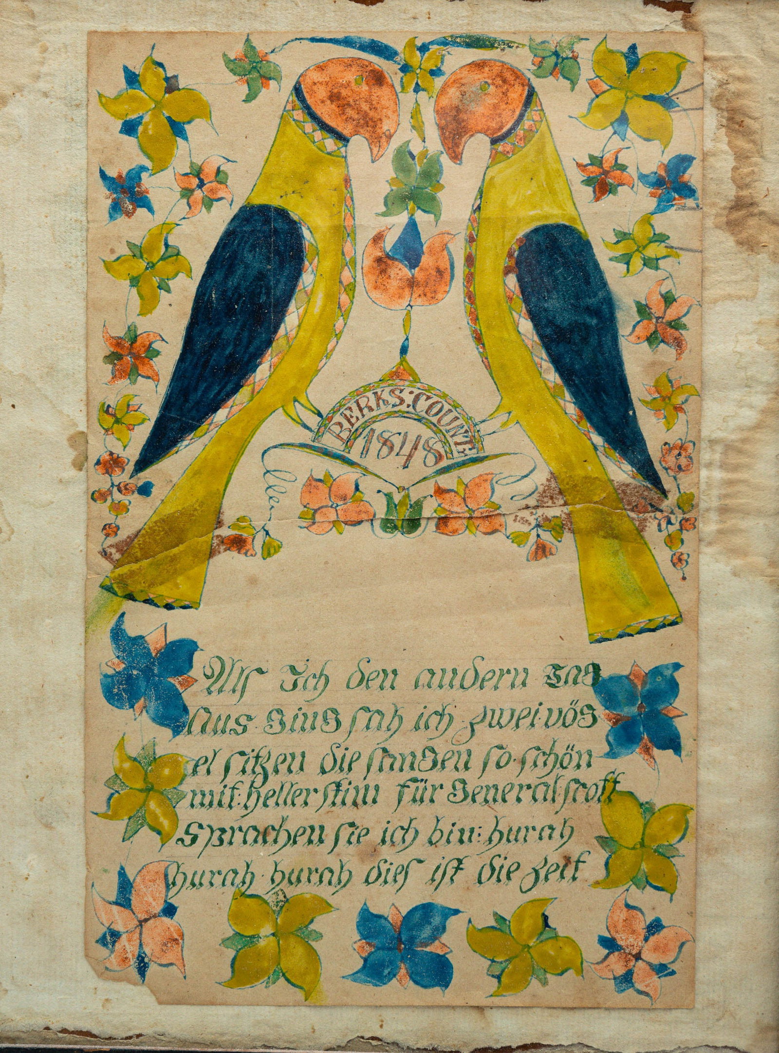 SCARCE POLITICAL WATERCOLOR FRAKTUR WITH PARROTS ATTRIBUTED TO ABRAHAM HUTH (ACTIVE 1807-1830).: American (Berks County, Pennsylvania), dated 1848. Two parrots in yellow and blue face one another, perched on an arch with "Berks County" and "1848" with flowers and German text below that translates