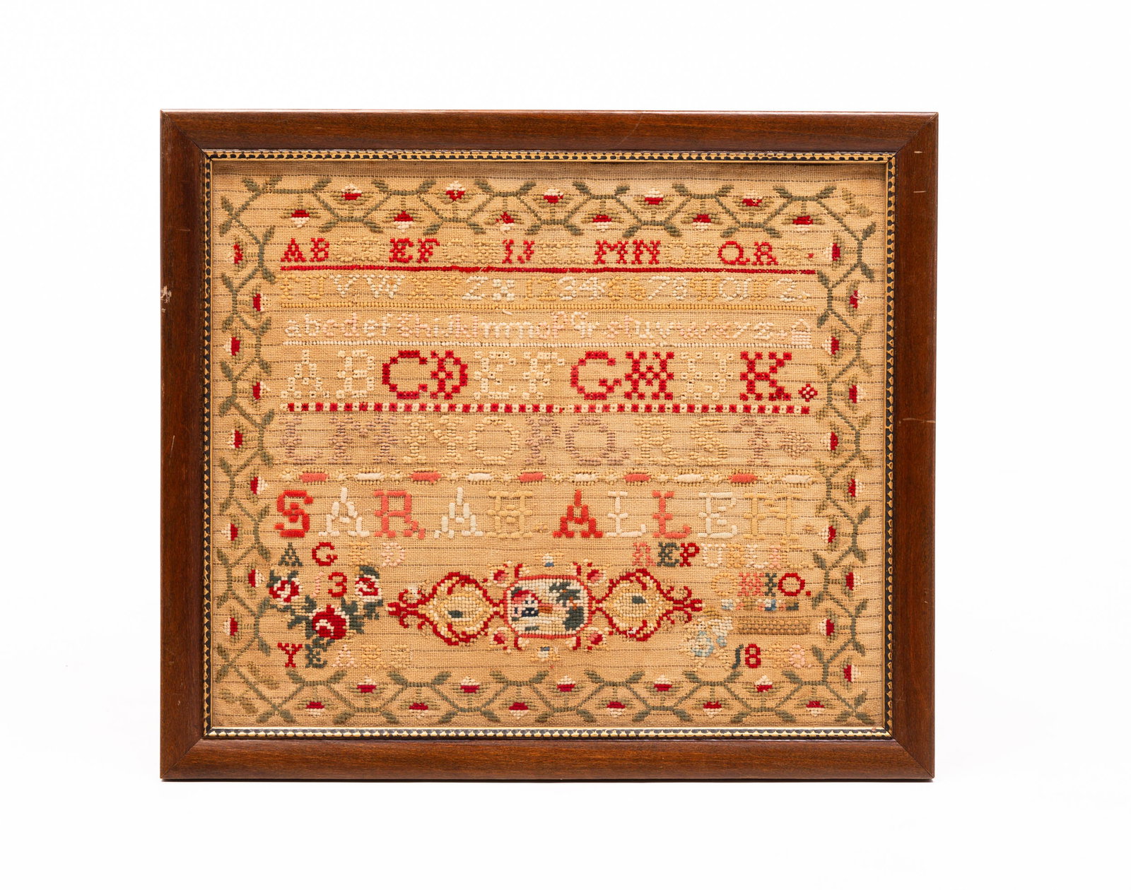 OHIO SARAH ALLEN FLOSS SAMPLER.: Second quarter 19th Century. Floral border, Alphabet, her name age 13 done in 1848, Republic, Ohio. In a contemporary frame. 16.5"h. 19"w.