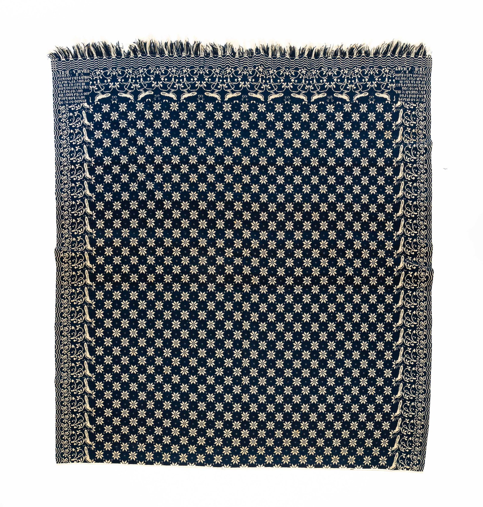 OHIO DOUBLE WEAVE SUMMER WINTER COVERLET BY JESSE HART.: American (Wilmington, Clinton County, Ohio), dated 1848. Wool in blue (indigo) and white. Very unusual double border with vine and birds perched on branches. Center field with repeating eight-pointed 