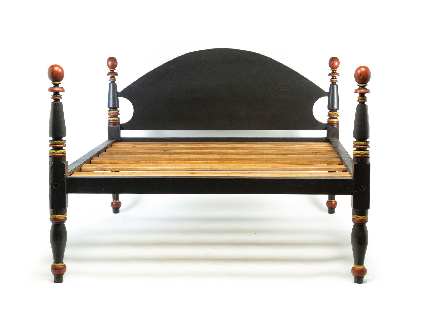 DAVID T. SMITH QUEEN SIZE PAINT DECORATED BED.: American (Morrow, Ohio), contemporary with second-quarter 19th Century bed posts. Mixed woods. Black distressed paint with yellow and red branding on posts. 45"h. 68.5"w. 87"l.