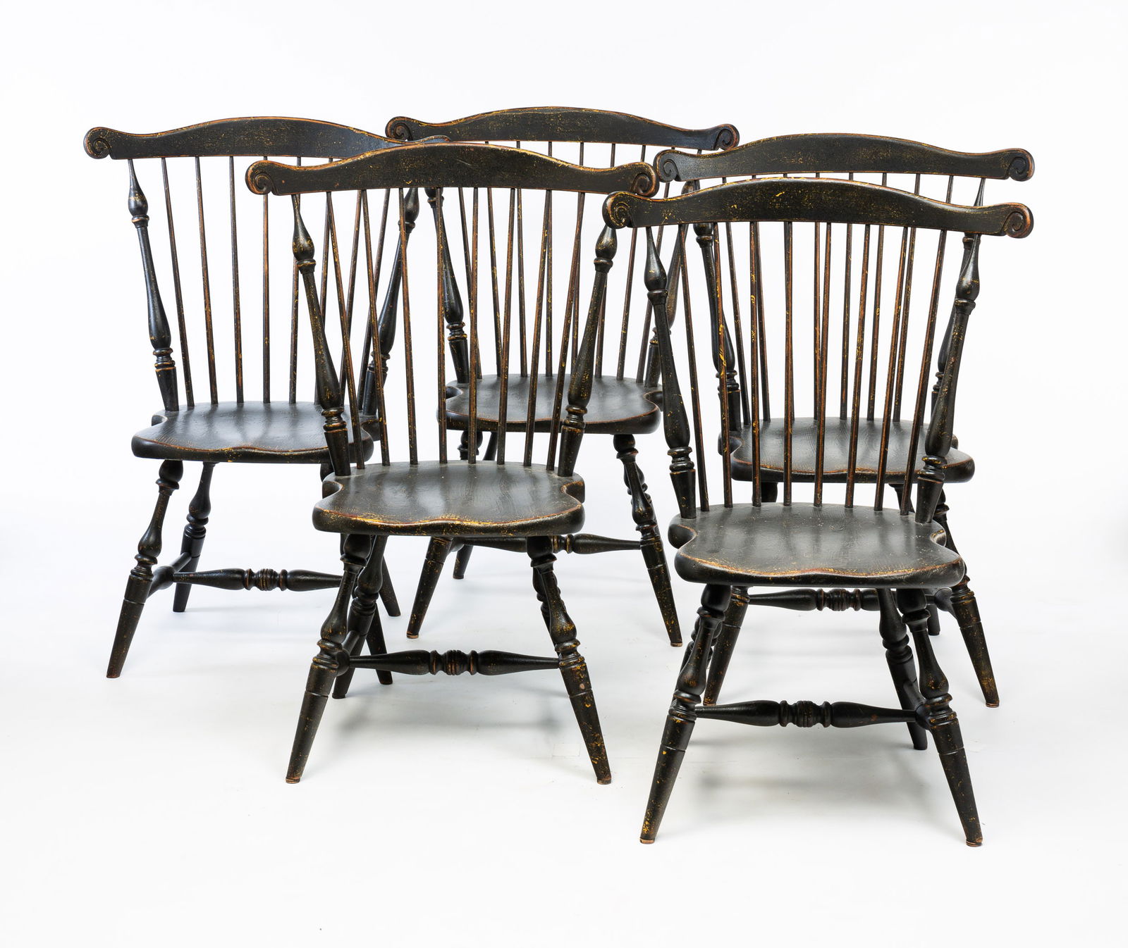FIVE PAINTED FANBACK WINDSOR STYLE CHAIRS.: American, late 20th Century. Archad crests with carved lobes, spindle backs and boldly turned stiles, legs and "H" stretchers. Distressed paint. From the workshop of David T. Smith. 18" seat h. 40"h.