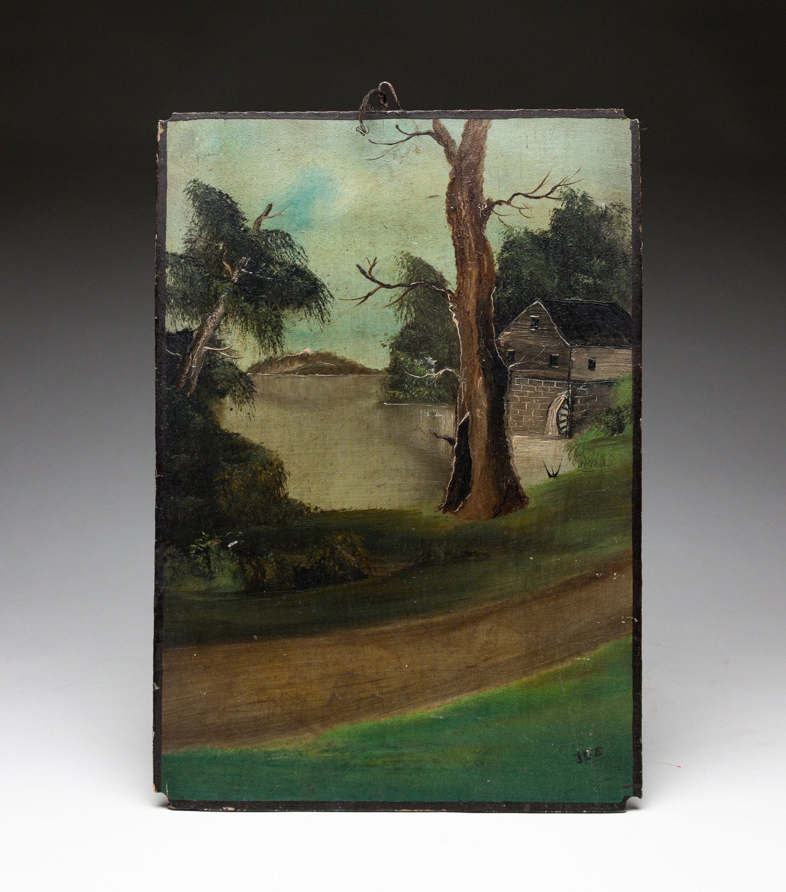 LANDSCAPE BY J. EDWARD BURK.: American (Ohio), late 19th Century. Oil on board. A grist mill with stream and trees. In pencil on reverse "Edward Burk, Springfield O. R.D. IO. Hand painting of all kinds. Hand painted borders in hou