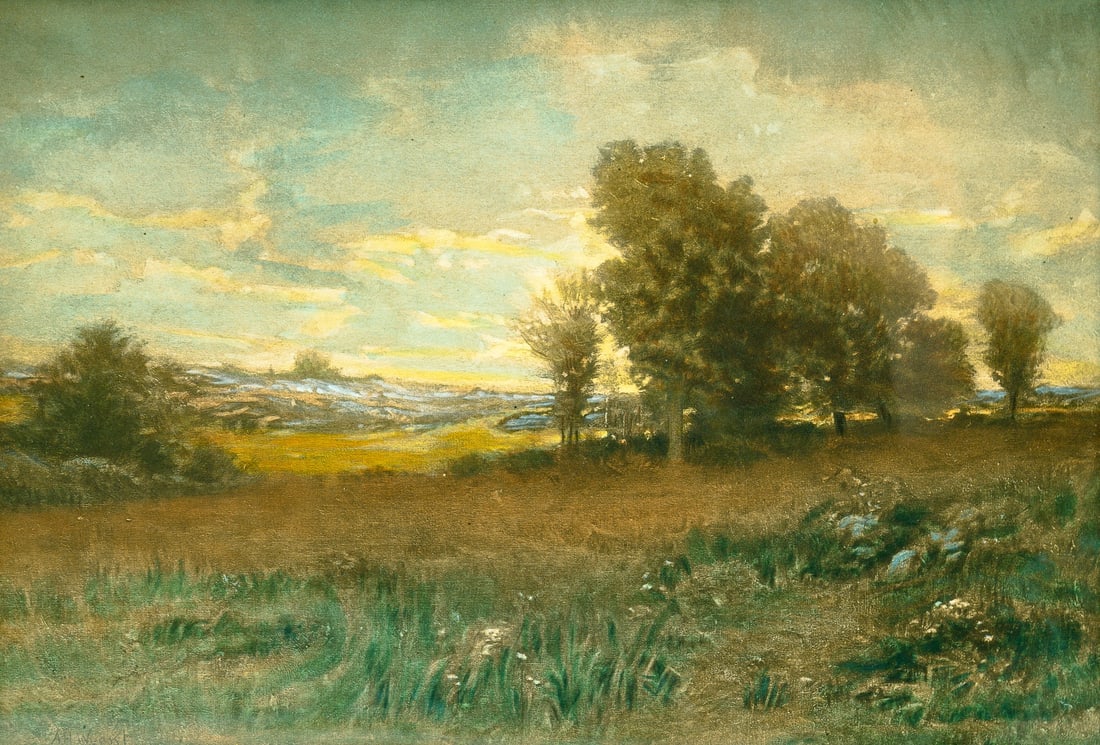HANDCOLORED PRINT BY ALEXANDER HELWIG WYANT (1836-1892).: American (New York or Ohio), late-19th Century. Oil on board landscape of a field with trees. Sight, 7.5"h. 10.5"w. Veneered frame with gilt liner, 13"h. 16"w.