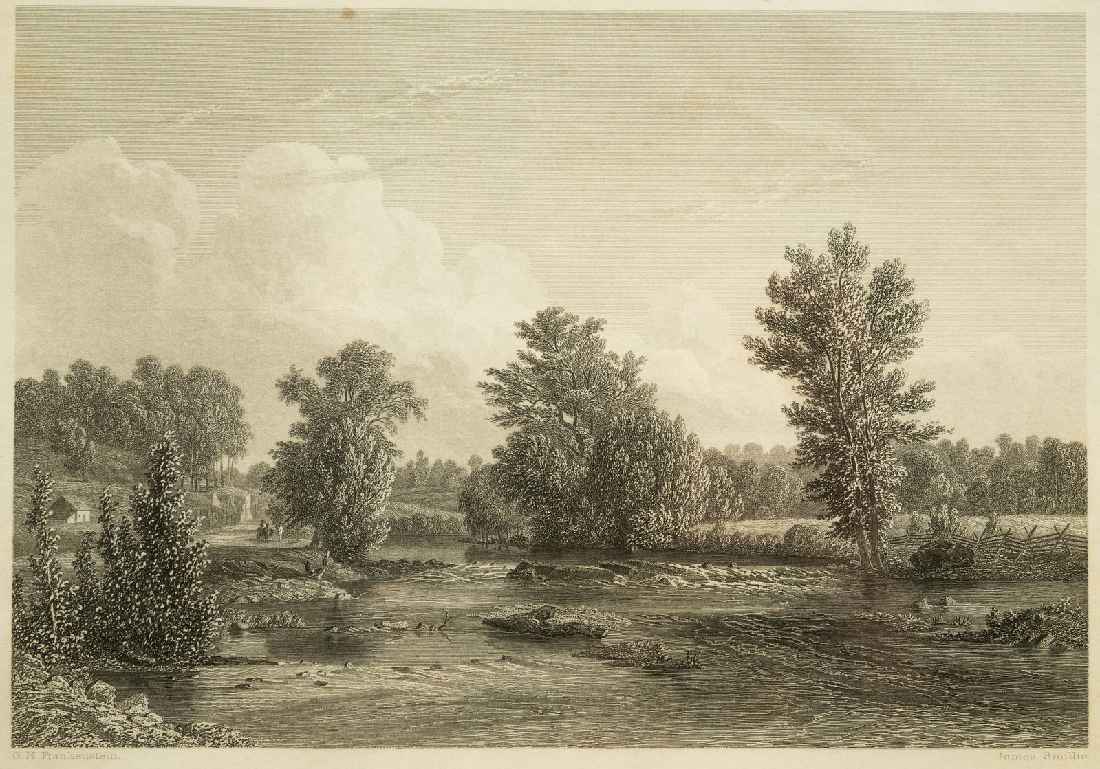 "MAD RIVER, NEAR SPRINGFIELD O." ENGRAVING AFTER GODFREY NICHOLAS FRANKENSTEIN (1820-1873).: American (Ohio) or European (Germany), late-19th Century. View engraved by James David Smillie (1833-1909) after Frankenstein's painting of the Mad River near Springfield. Molded frame with double mat