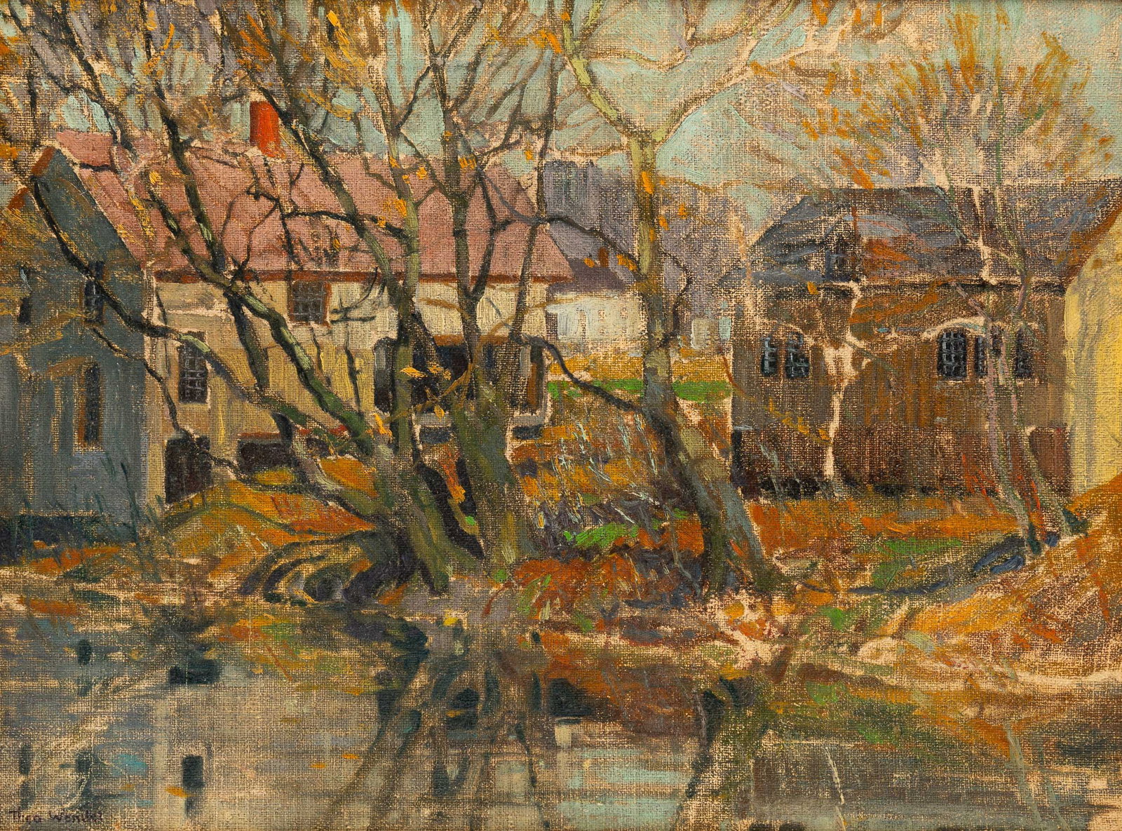 "FARM SCENE IN FALL" ATTRIBUTED TO THEODORE M. WENDEL (1859-1932).: American (Ohio), late-19th or early-20th Century. Oil on artist board view of two barns by a stream with fall trees in the foreground. Signed on lower left. Identified on back, "Theodore Wendel, Old M