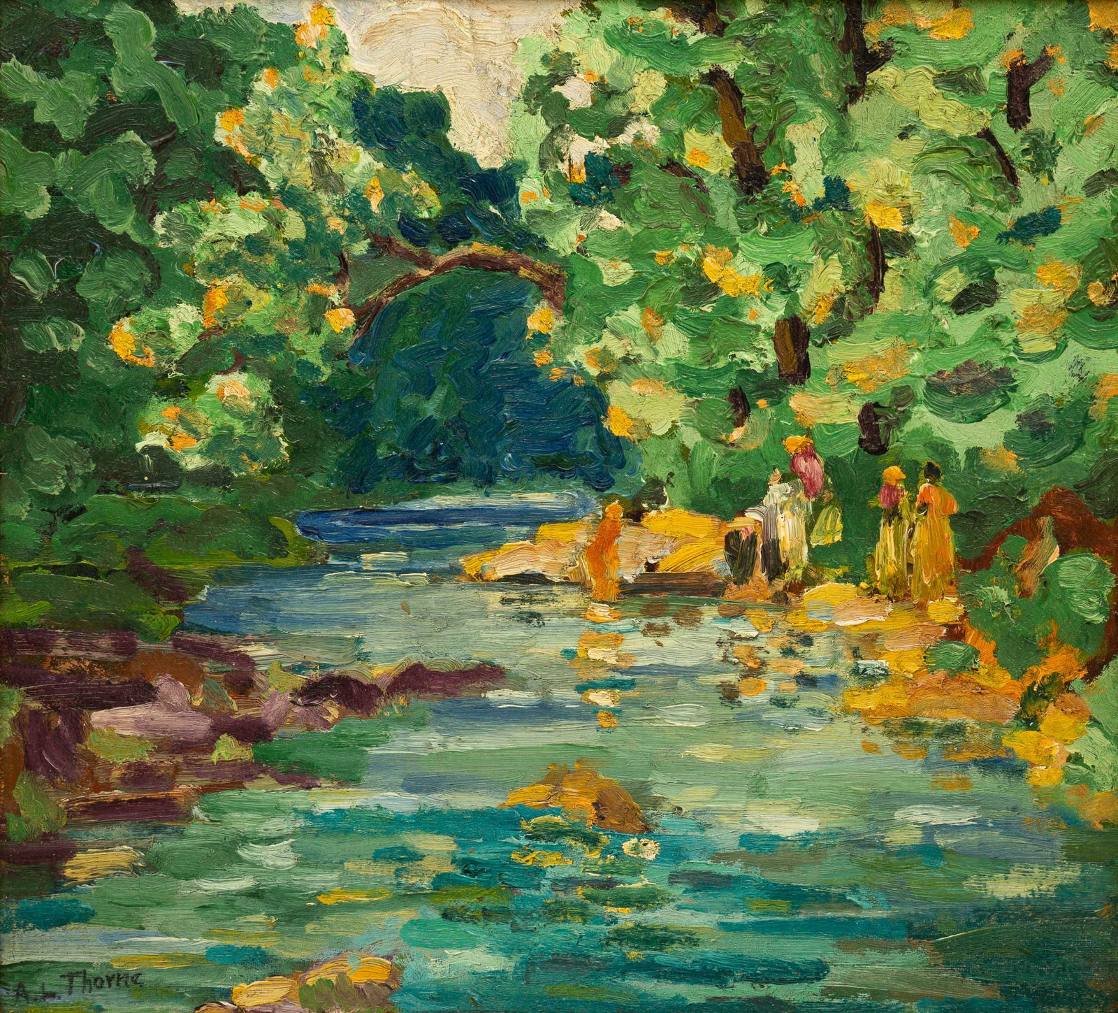 "LANDSCAPE WITH FIGURES" BY ANNA LOUISE THORNE (1866-1965).: American (Ohio), early-20th Century. Oil on board scene of a creek with figures. Signed on lower left. Molded and gilded Hackman (Ohio) frame, 14.75"h. 14.75"w.