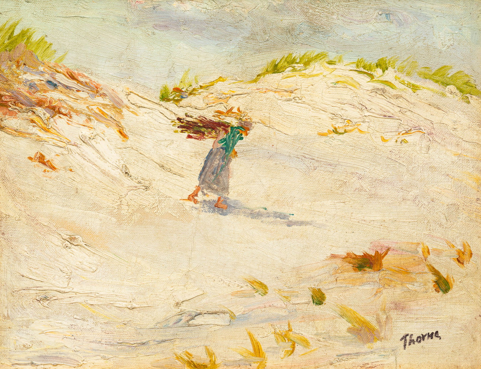 "WALKING THE SAND DUNES" BY ANNA LOUISE THORNE (1866-1965).: American (Ohio), early-20th Century. Oil on board image of a person walking the dunes carrying a bundle of sticks. Signed on lower right. Molded and gilded Hackman (Ohio) frame, 13.75"h. 15.75"w.