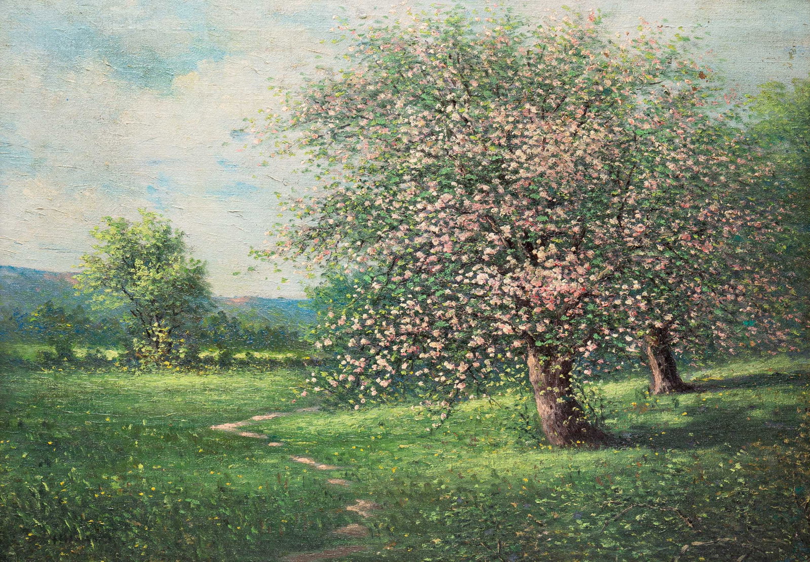 "PASTORAL SCENE IN SPRING" BY HUGH HUNTINGTON HOWARD (1860-1927).: American (Ohio), late-19th or early-20th Century. Oil on artist board view of blossoming trees and a meandering path. Signed on lower left and identified on verso. Carved and molded gilt frame, 24.5"h