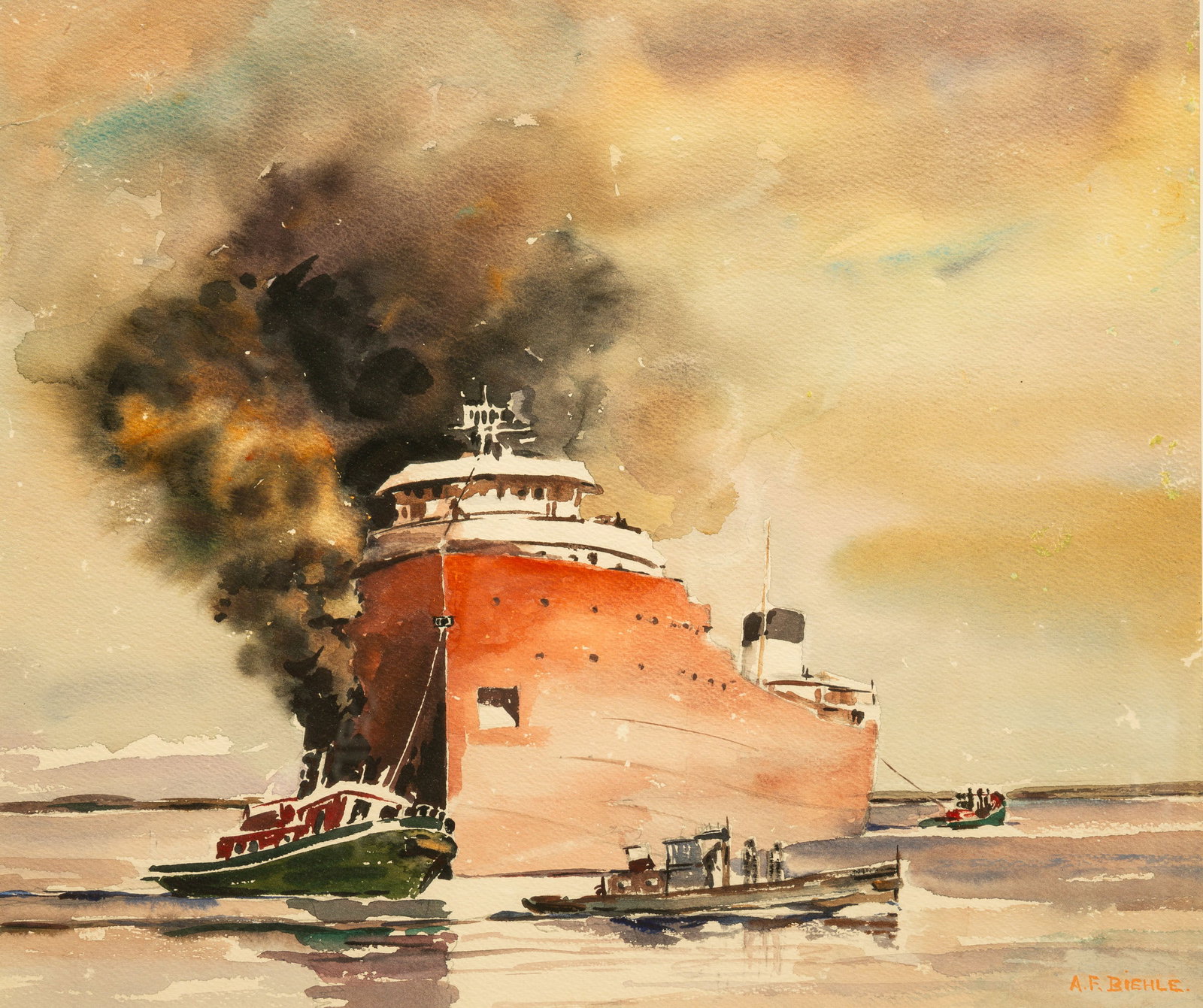 "PORTRAIT OF A LARGE SHIP" BY AUGUST F. BIEHLE (1885-1979).: American (Ohio), mid-19th Century. Watercolor on paper of a tug towing large cargo vessel into port. Signed on lower right. Matted and in a molded gold frame, 21"h. 23.5"w.