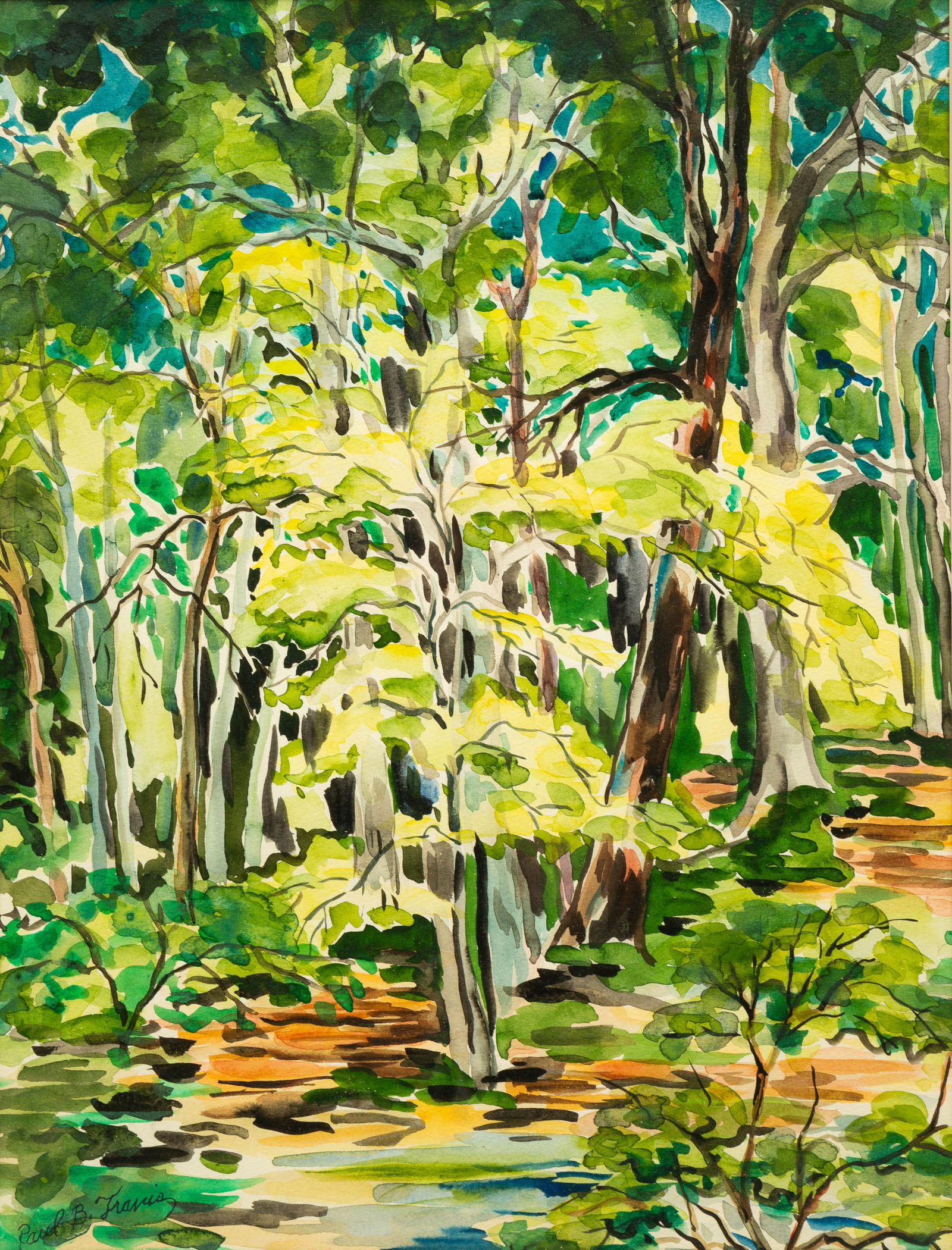 "WOODED LANDSCAPE" BY PAUL BOUGH TRAVIS (1891-1975).: American (Ohio), mid-20th Century. Watercolor on paper of a wooded landscape. Signed on lower left. Matted and in a molded gilt frame, 22"h. 18"w.