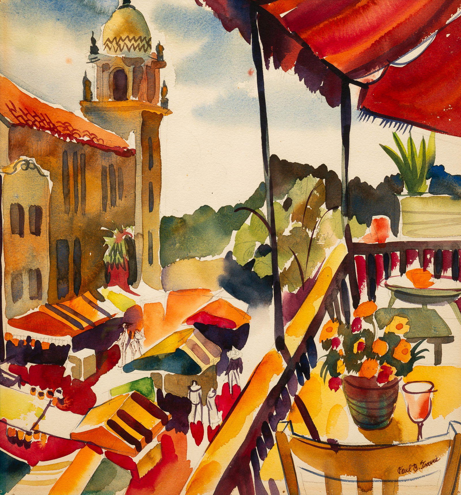 "BALCONY VIEW" BY PAUL BOUGH TRAVIS (1891-1975).: American (Ohio), mid-20th Century. Watercolor on paper view of a city street from a balcony. Signed on lower right. Matted in a black frame with black liner, overall 22.5"h. 18.5"w.