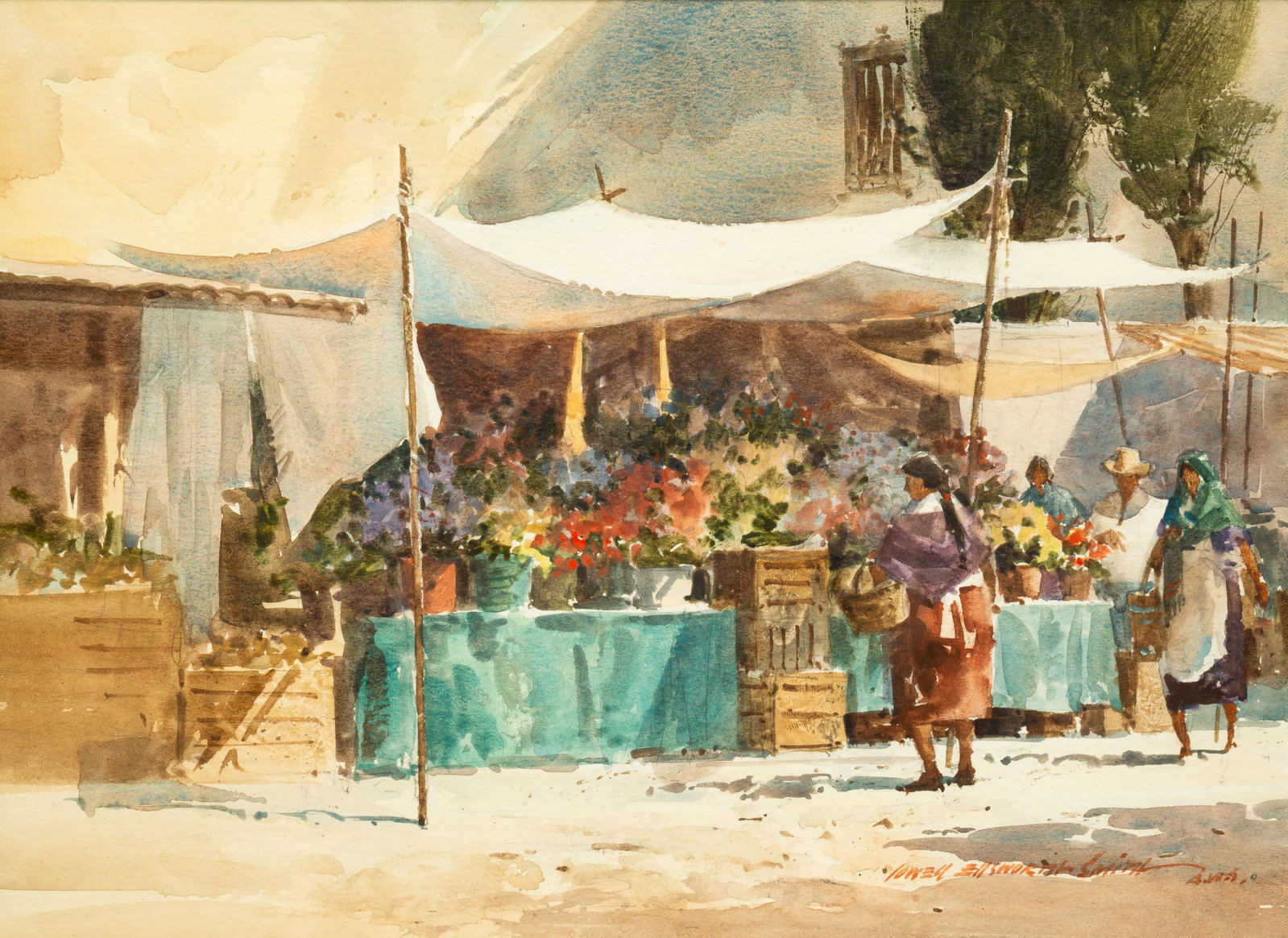 "FLOWER STAND" BY LOWELL ELLSWORTH SMITH (1924-2008).: American (Ohio), mid 20th Century. Highly detailed watercolor on paper view of a flower stand at the San Miguel market. Signed on lower right. Molded frame with mat, 15.5"h. 19.25"w.