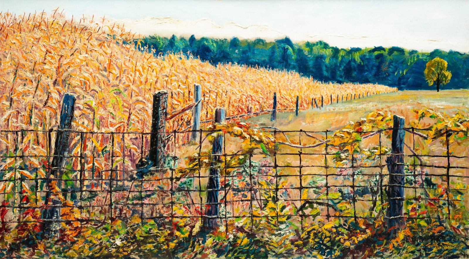 EMERSON BURKHART (1905-1969) "BEFORE THE HARVEST".: American (Ohio), 1956 (dated). Oil on canvas. Signed lower right. Beautifully executed autumnal scene in vibrant colors of a corn field and fence row. Commissioned by a farmer in Fayette County of his