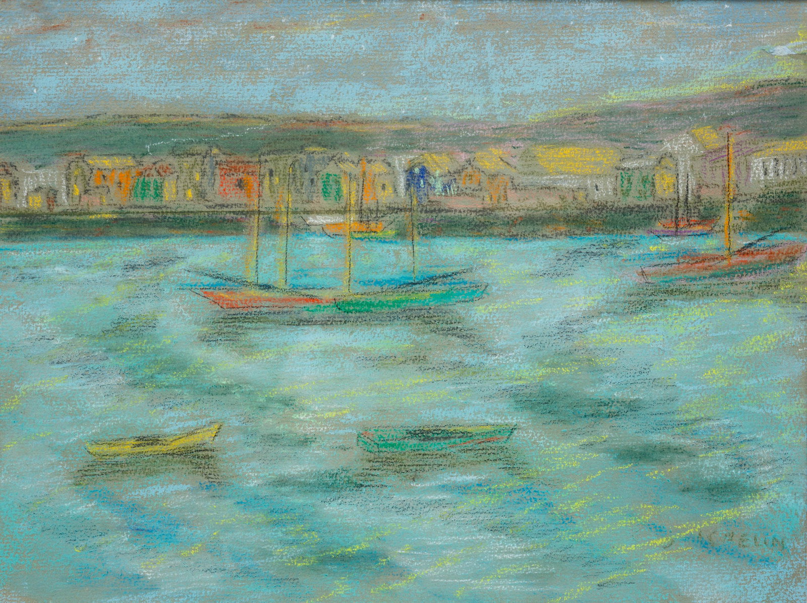 "HARBOR VIEW" ATTRIBUTED TO CHARLES SALIS KAELIN (1858-1929).: American (Ohio or Massachusetts), late-19th or early-20th Century. Pastel on paper of a harbor scene. Signed on lower right. Gold painted frame with mat, 18"h. 21"w.