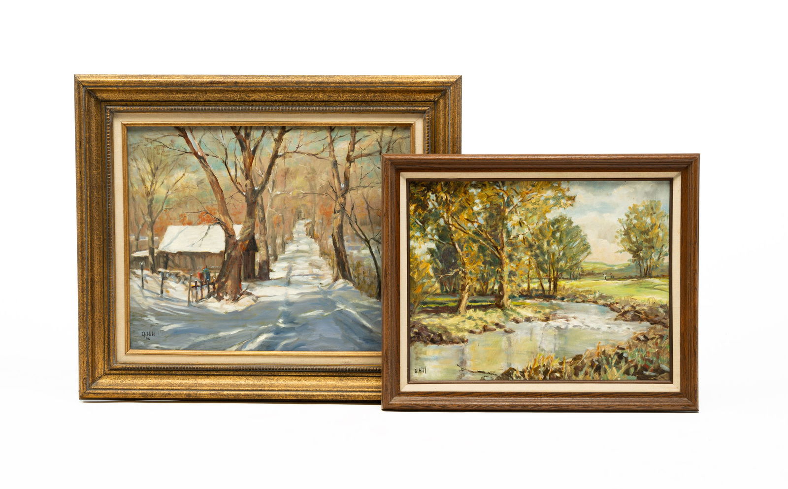 TWO OHIO LANDSCAPES BY DAVID (JAMES) HILL (1926-2007).: American (Hamilton, Ohio), circa 1996. Sunlit "Winter Scene with Snowy Country Road" oil on canvas of a rural house and trees after snowfall, signed lower left and dated '96. Stretcher, 16"h. 20"w. Mo