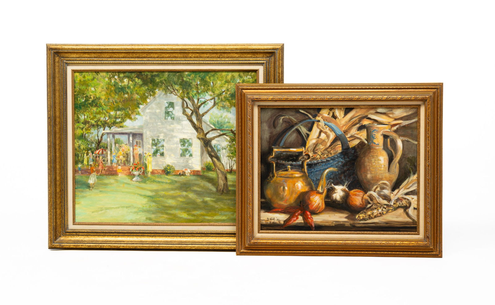 TWO OHIO OIL PAINTINGS BY DAVID (JAMES) HILL (1926-2007).: American (Hamilton, Ohio), circa 1994. Oil on canvas summertime scene of "The Gathering" along a side yard with sunshine and shadows. Signed in the lower right and dated '95. Stretcher, 20"h. 24"w. Mo