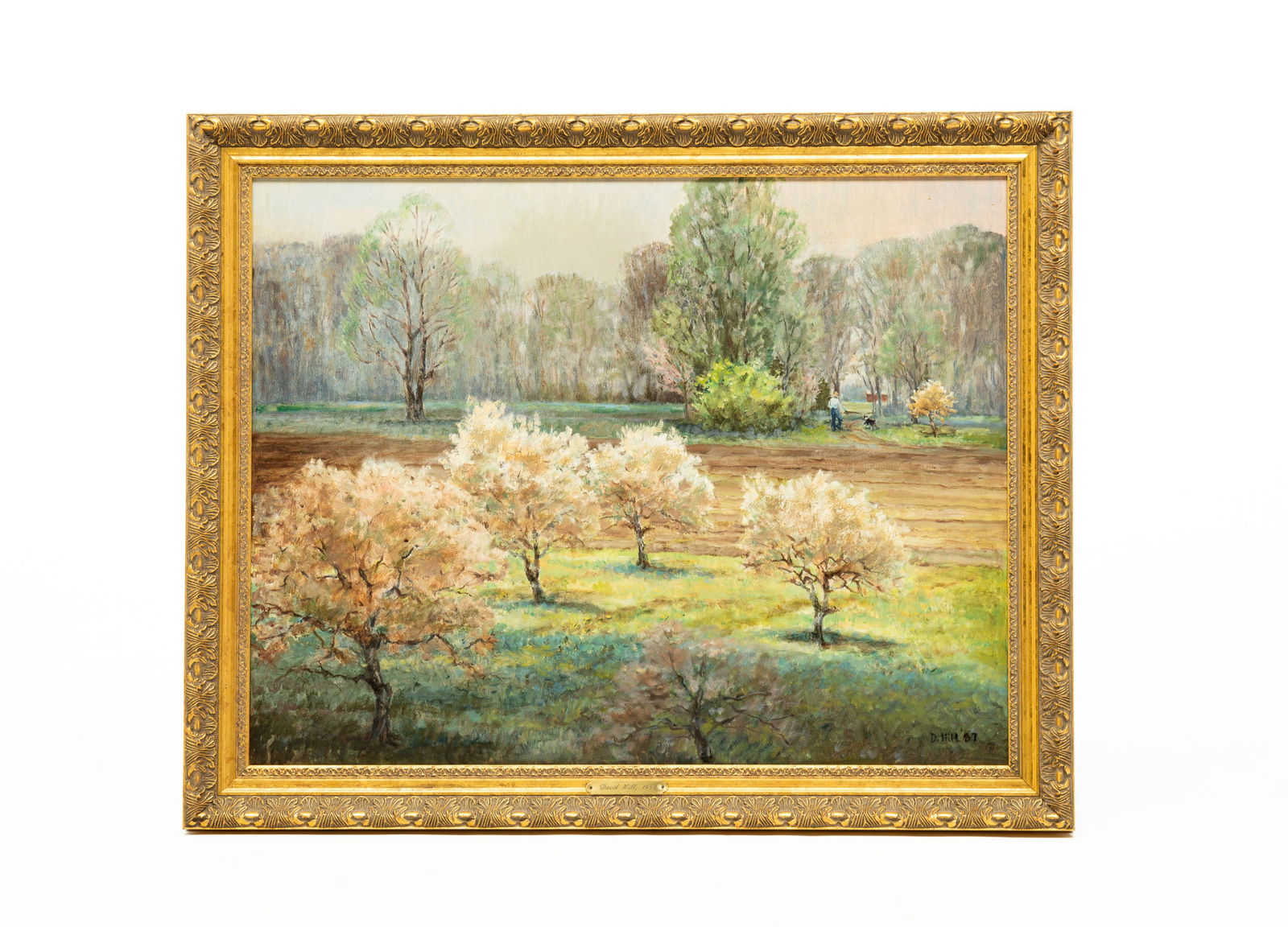 TWO OHIO LANDSCAPES BY DAVID (JAMES) HILL (1926-2007).: American (Hamilton, Ohio), circa 1987-1996. Oil on canvas wintertime scene of a "Red Barn" on a partially cloudy day with sunshine and shadows. Signed in the lower right and dated '96. Stretcher, 8"h.