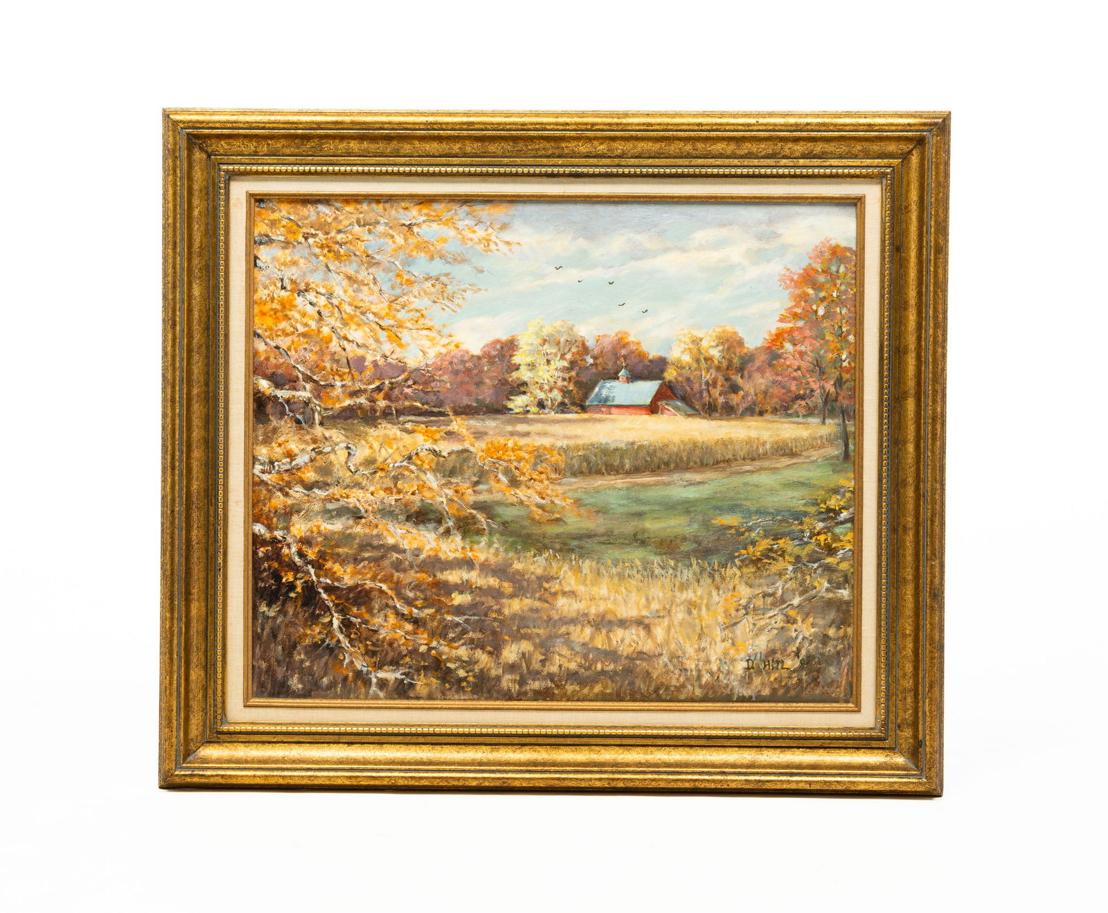 LANDSCAPE "FARM SCENE WITH RED BARN" BY DAVID (JAMES) HILL (1926-2007).: American (Hamilton, Ohio), circa 1991. Oil on canvas autumnal landscape with red barn in the distance. Good use of sunshine and shadows. Signed in the lower right and dated '91. Stretcher, 20"h. 24"w.