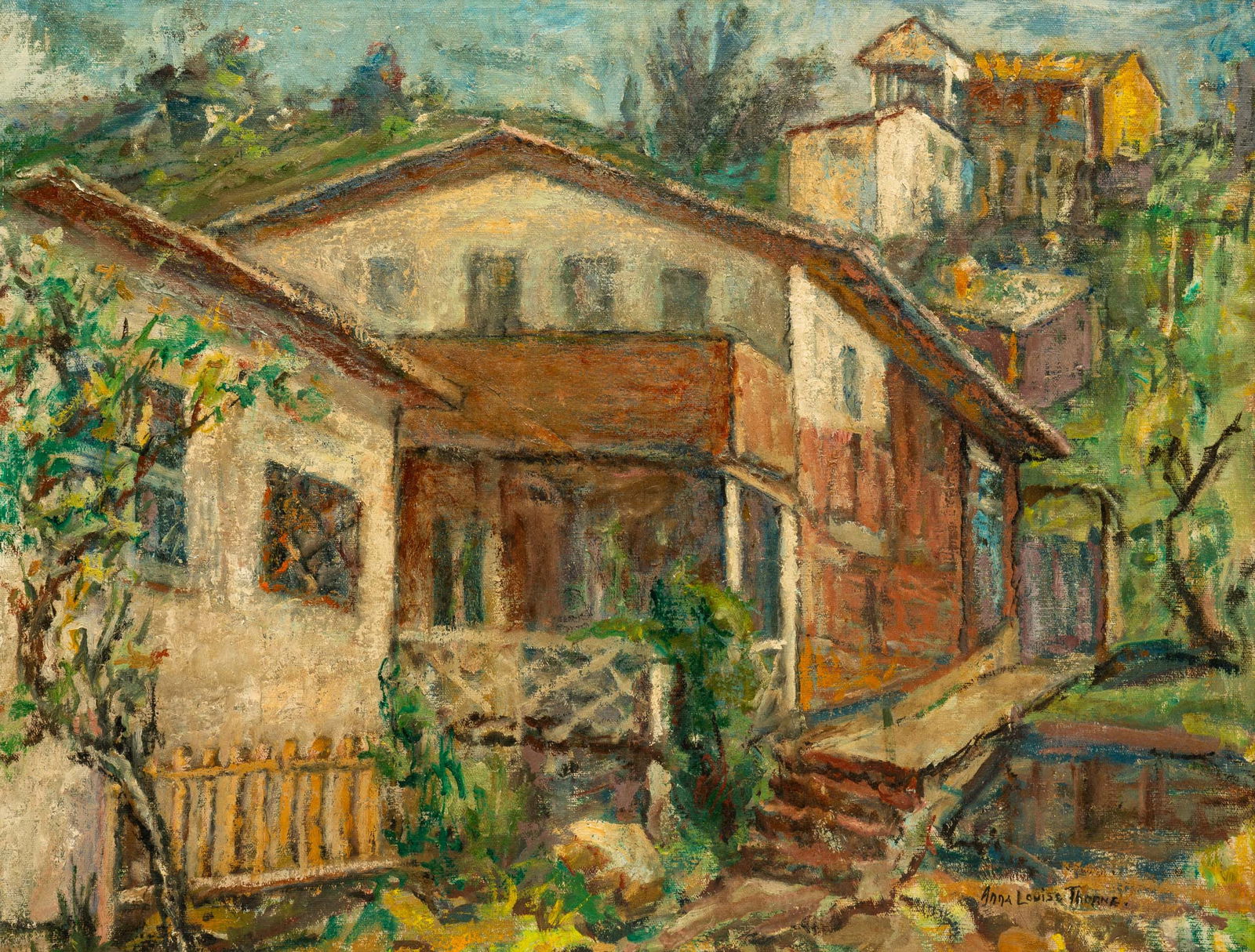 "BUILDINGS ON A HILLSIDE" BY ANNA LOUISE THORNE (1866-1965).: American (Ohio), early or mid-20th Century. Oil on board view of several homes on a hillside. Signed on lower right. Molded driftwood-style frame with linen and liner, overall 27"h. 33"w.