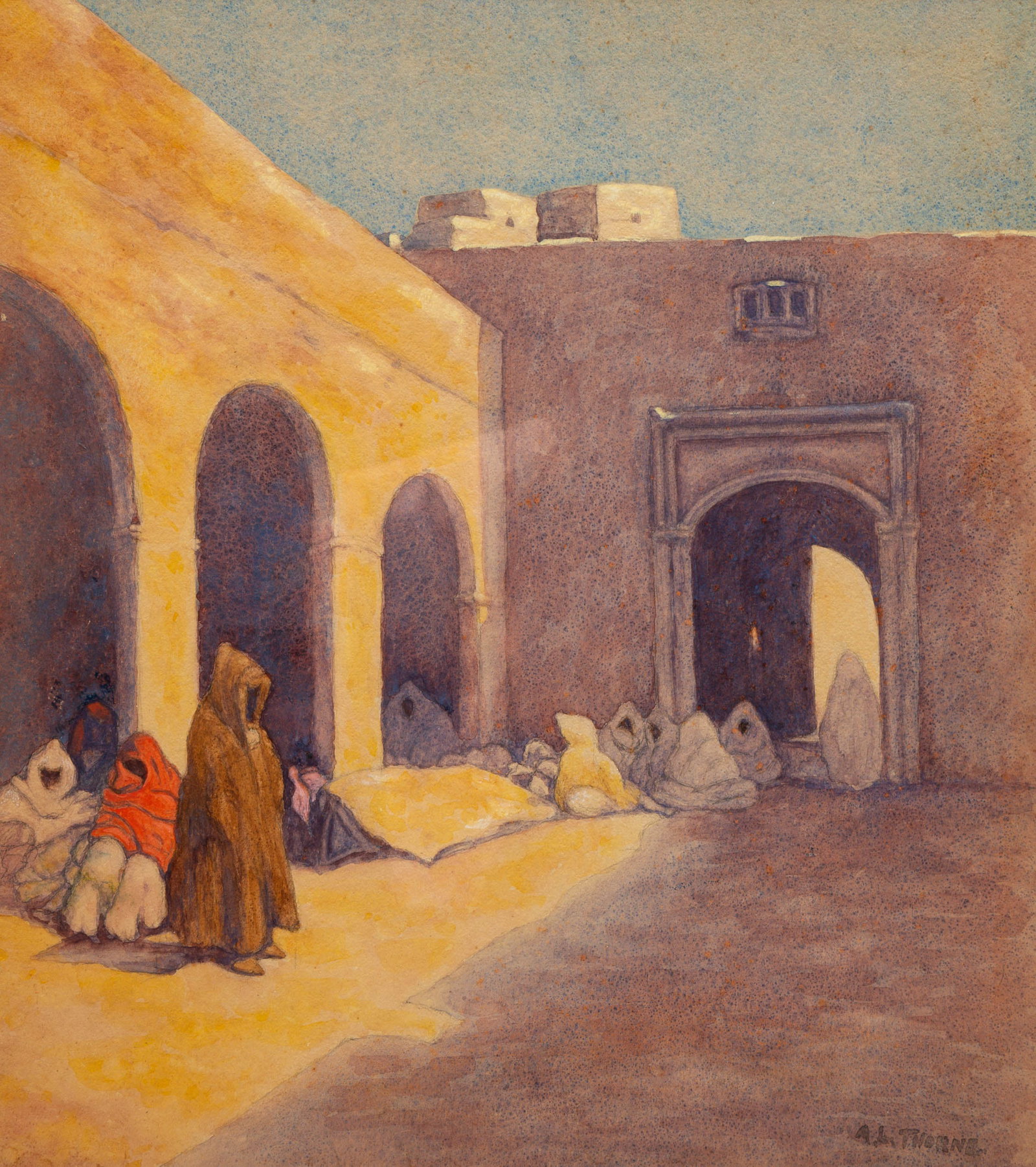 "MIDDLE EASTERN SCENE" BY ANNA LOUISE THORNE (1866-1965).: American (Ohio), early or mid-20th Century. Watercolor scene of a courtyard and numerous robed figures. Signed on lower right. Matted and in a carved frame, 20"h. 18"w.