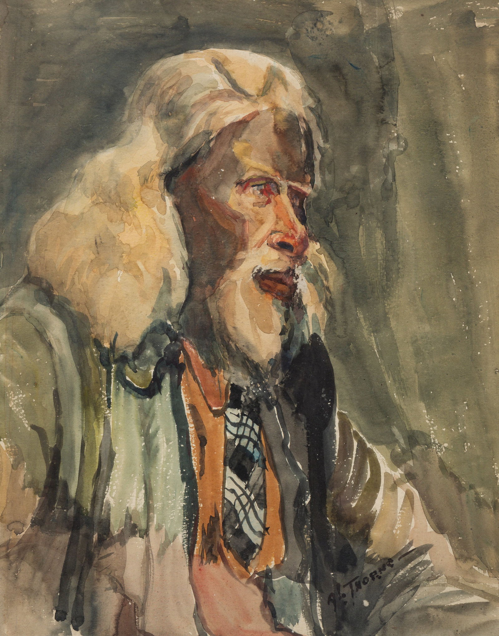 "PORTRAIT OF AN OLD MAN" BY ANNA LOUISE THORNE (1866-1965).: American (Ohio), early-20th Century. Watercolor on paper portrait of an older man with long hair and beard. Signed on lower right. In a black frame with mat, 23.5"h. 19.5"w.