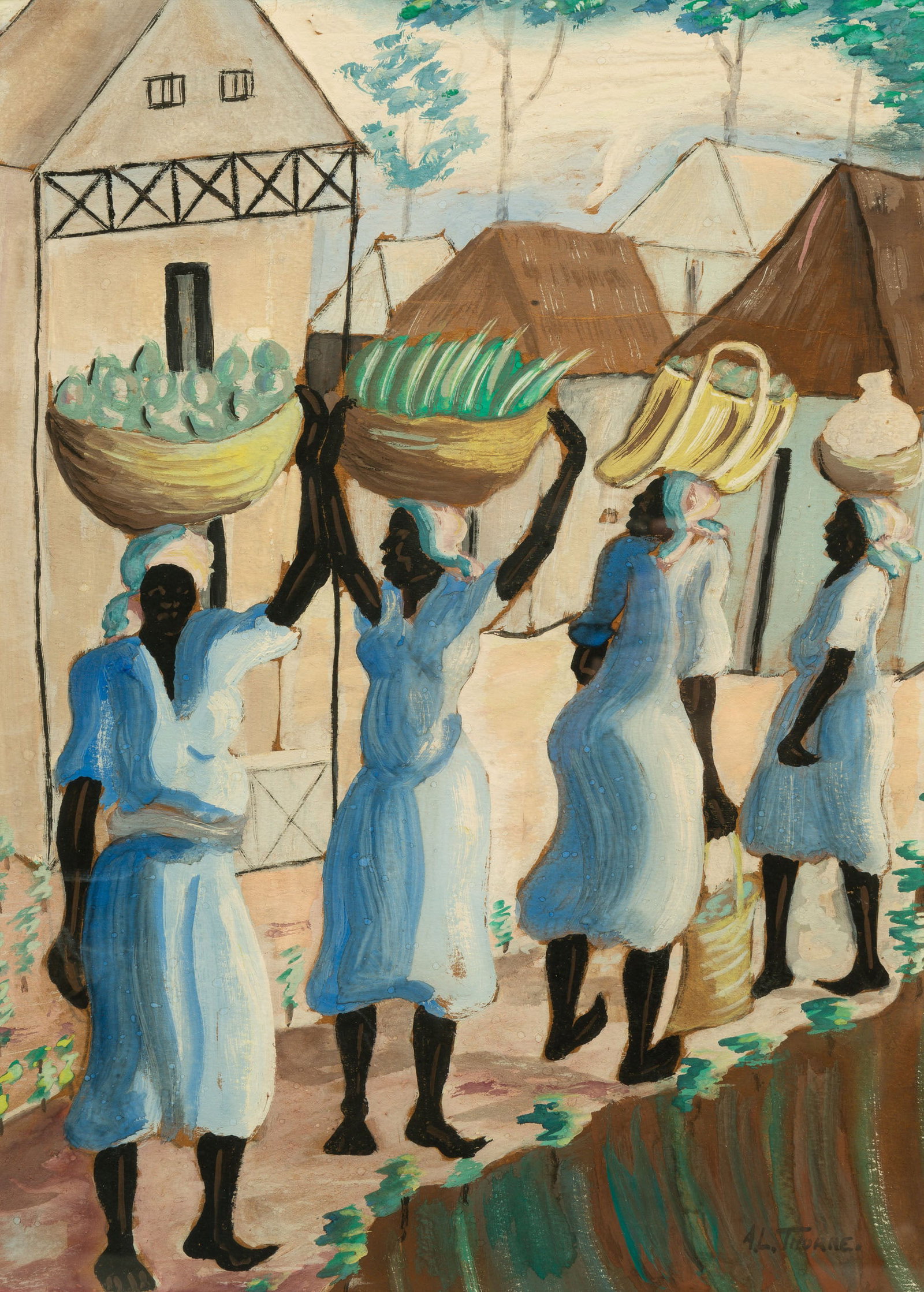 "CARRYING THE BASKETS" BY ANNA LOUISE THORNE (1866-1965).: American (Ohio), early or mid-20th Century. Watercolor scene with women carrying produce in baskets. Signed on lower right. Beveled black painted frame, 23.25"h. 19.25"w.
