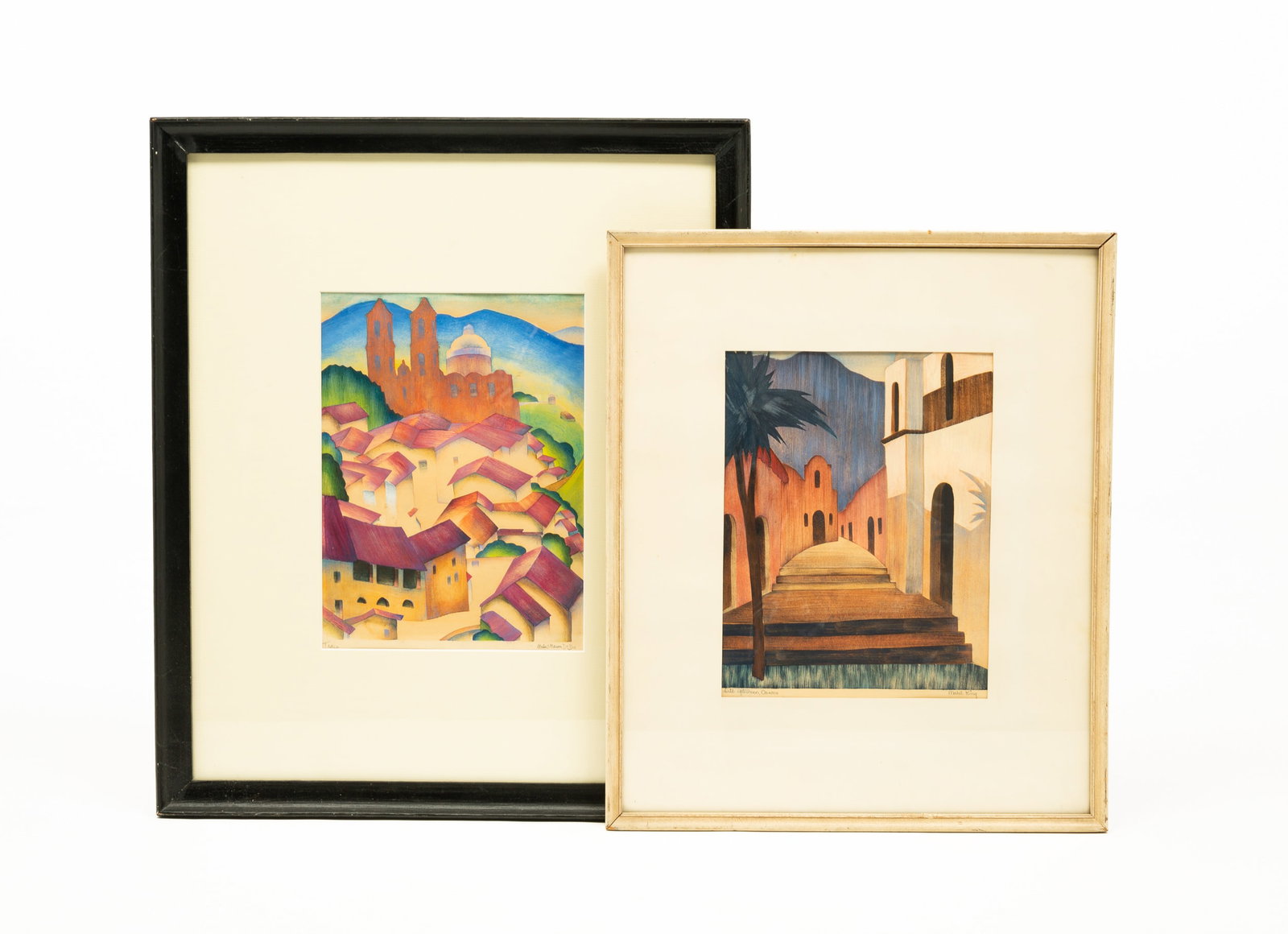 TWO PRINTS OF MEXICO BY MABEL MASON DE BRA KING (1895-1950).: American (Ohio), first-half 20th Century. Colored prints entitled "Late Afternoon, Oaxaca" and "Taxco" titled on lower left, signed on lower right. Both framed and matted, the larger measures 20.5"h. 
