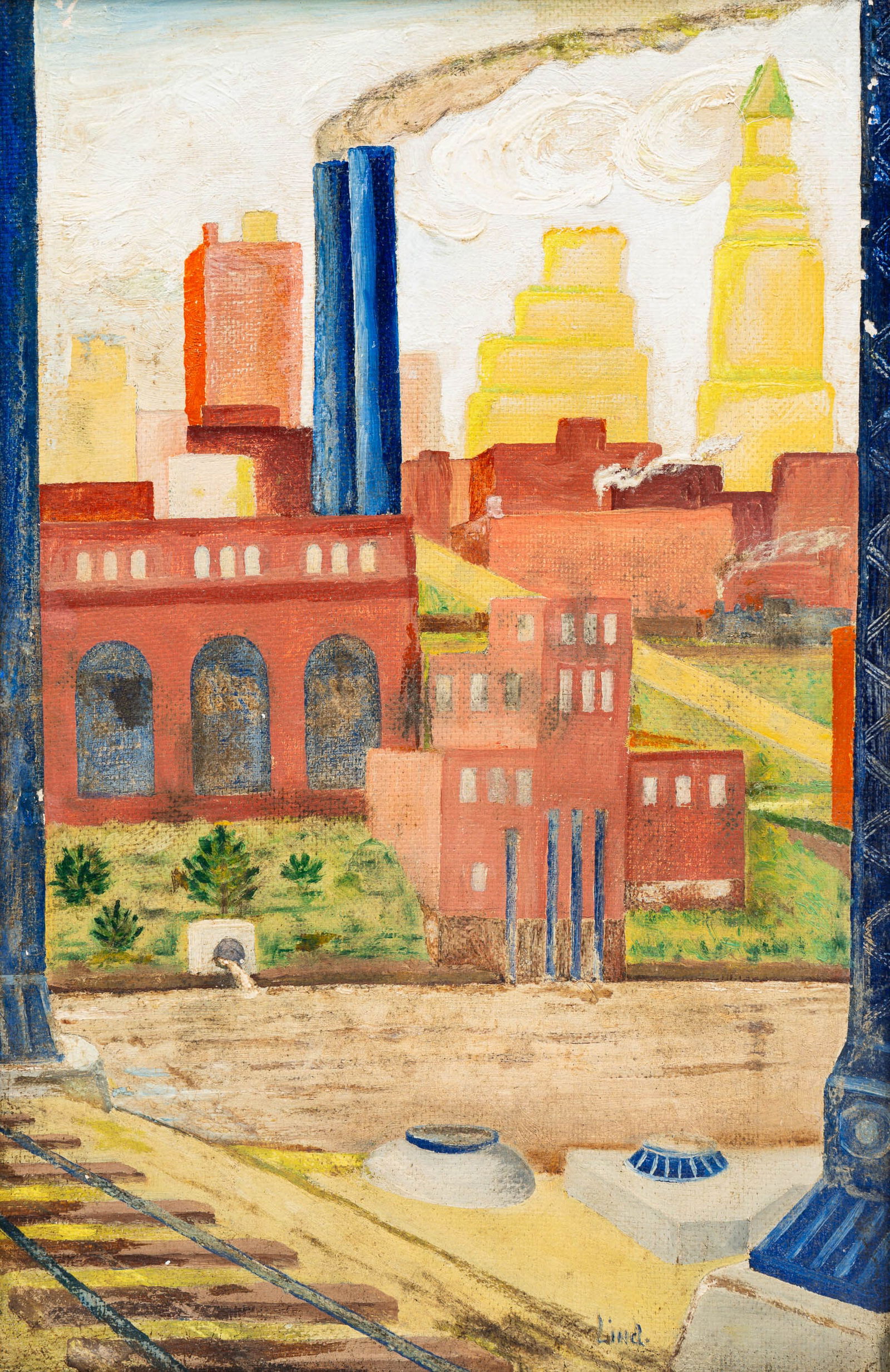 COLUMBUS CITYSCAPE BY FRANK C. LIND.: American (Columbus, Ohio), mid 20th Century. Oil on masonite. Power plant on the river with downtown skyline in background. Signed lower right. 17.5"h. 12"w. Framed 20"h. 13.5"w.