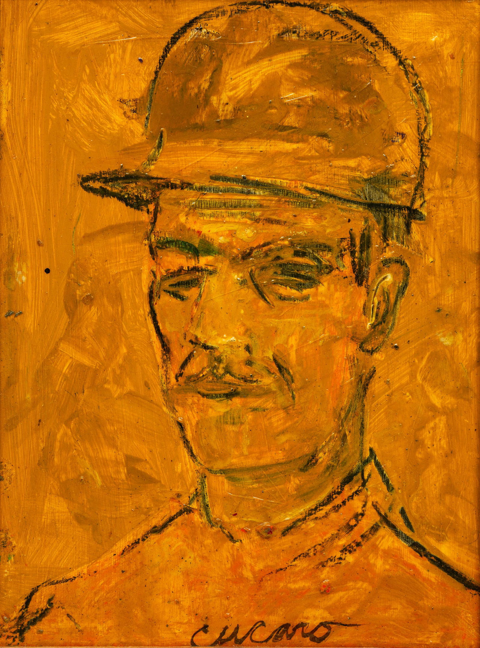 "PORTRAIT OF A MAN" BY PASCAL CUCARO (1915-2004).: American (Ohio or California), mid-20th Century. Oil on board portrait drawing of a man with a hat. Signed on lower center. Craved and molded frame with gilt liner, 20"h. 16.5"w.