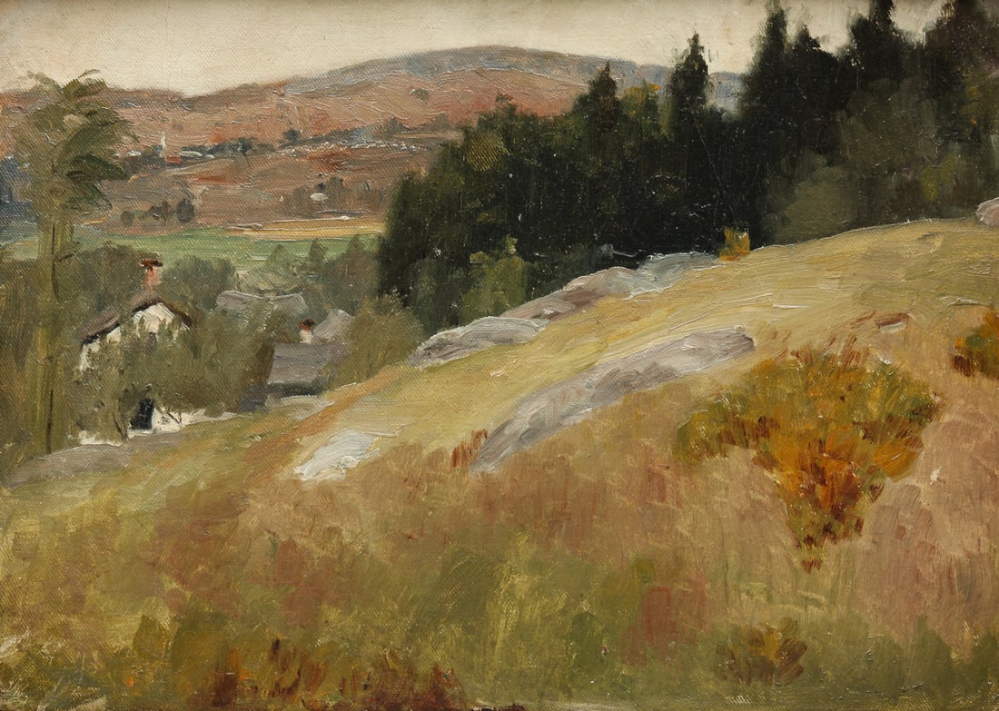 LANDSCAPE BY ROBERT BOLLING BRANDEGEE.: Connecticut/ New York, 1849 - 1922. Oil on canvas, unsigned. Hill and farmstead from "The Farmington Years". Exhibition label for the New Britain Museum of American Art, New Britain, Connecticut. Reba